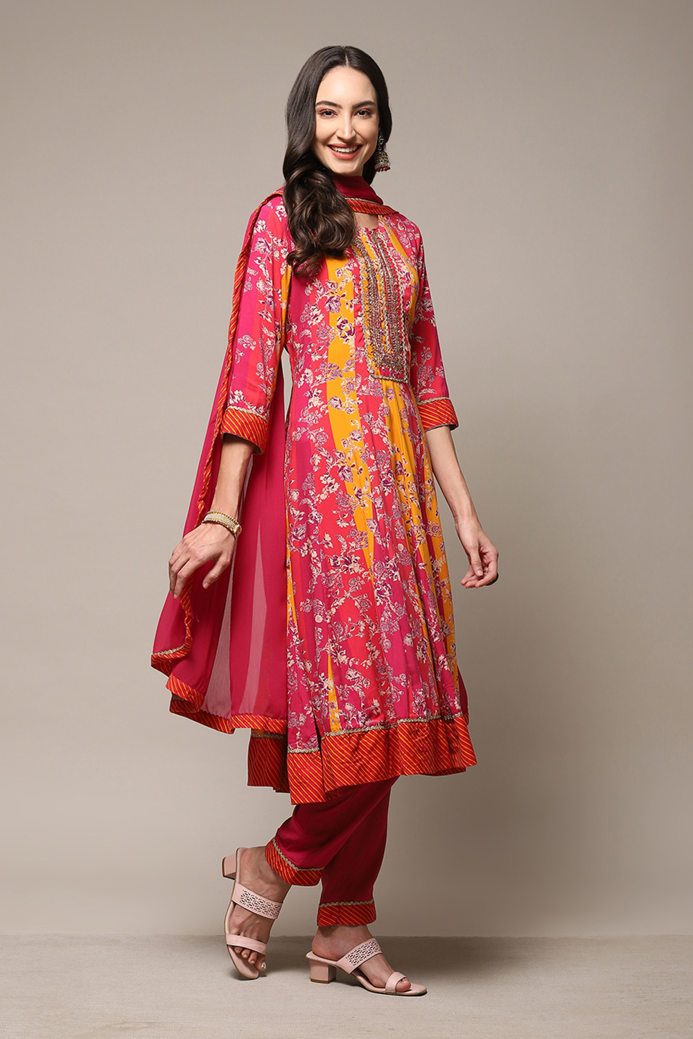 Onion Pink & Mustard LIVA Kalidar Kurta Churi Salwar Suit Set image number 6