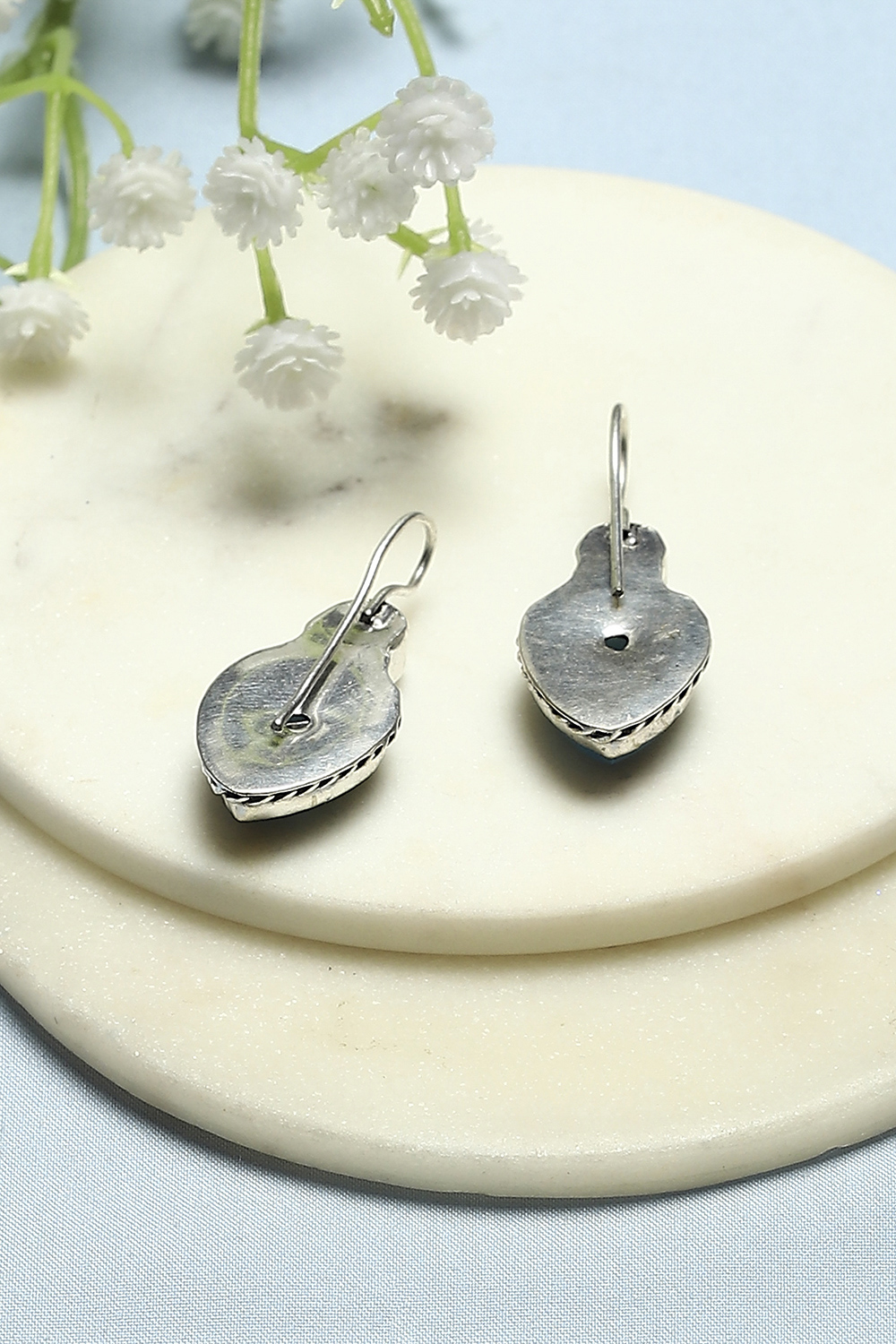 Light Blue Silver-Plated Stone Studded Nepali Danglers image number 2