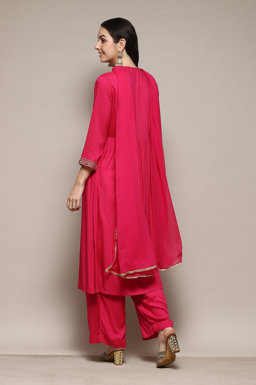 Fuchsia LIVA Gathered Kurta Palazzo Suit Set image number 4