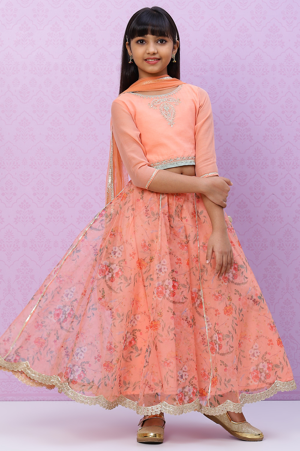 Peach Straight Poly Cotton Girls Lehenga Set image number 0