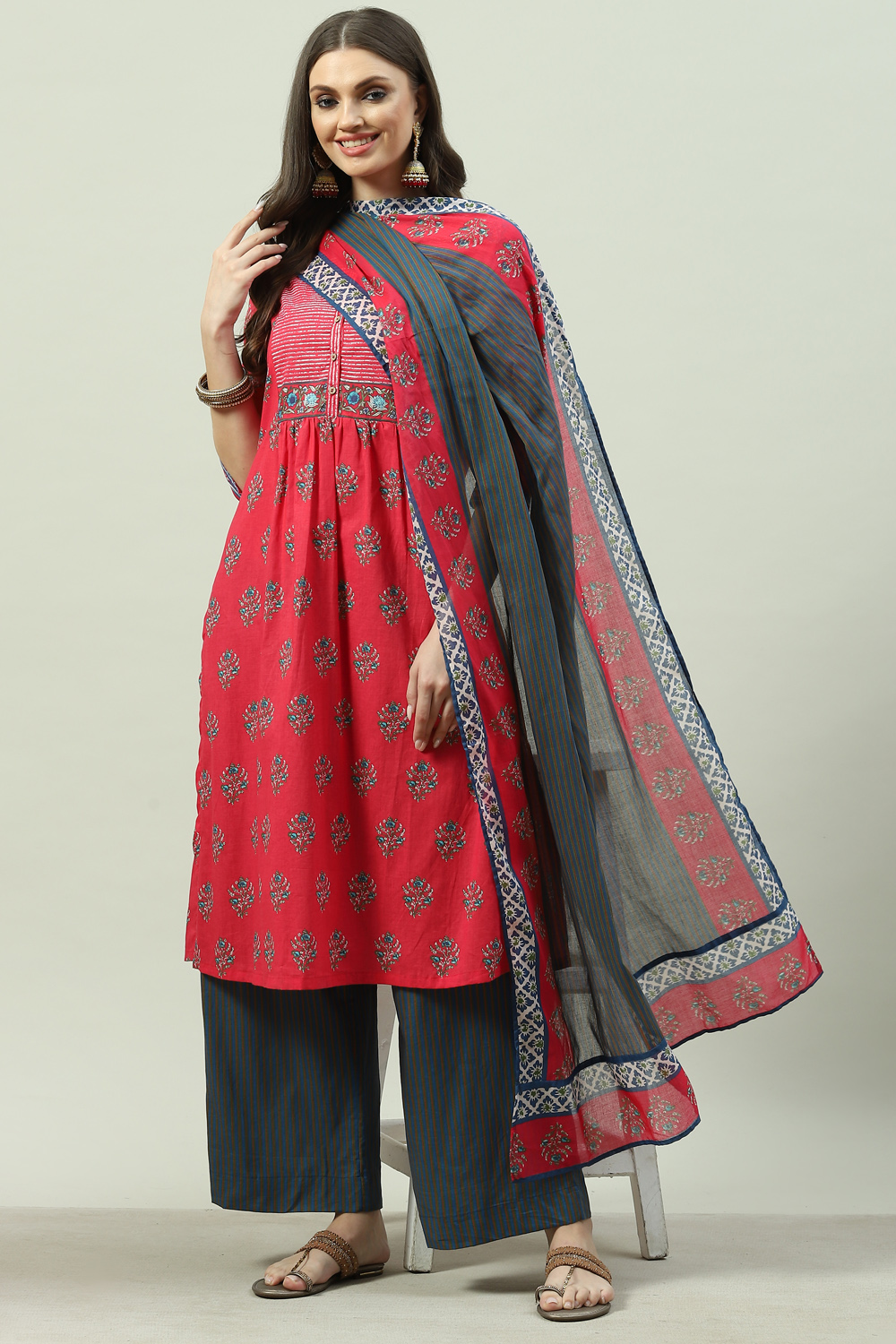 Red Cotton Straight Kurta Palazzo Suit Set image number 0