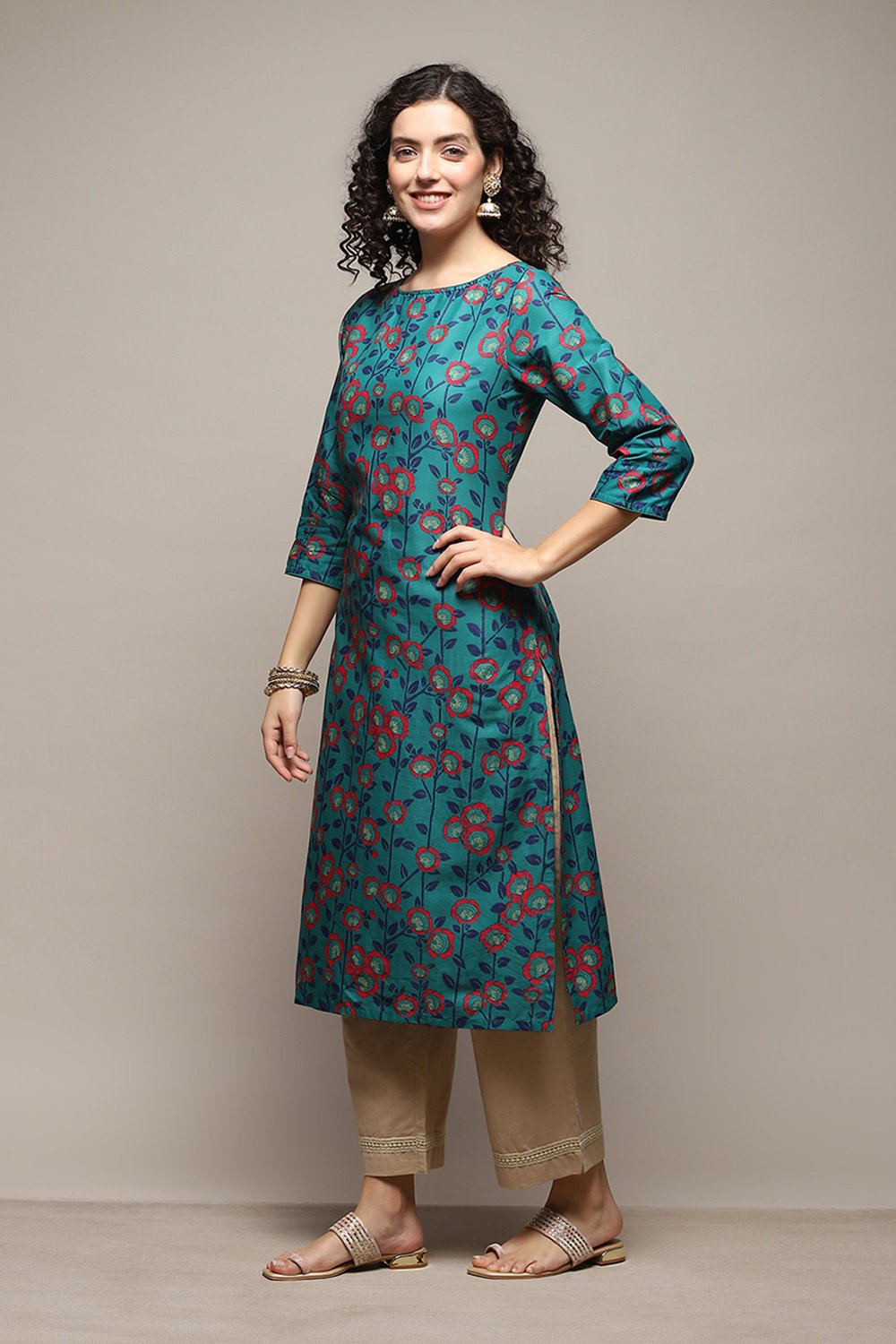 Buy Turquoise Cotton Straight Printed Kurta for INR779.40 |Biba India