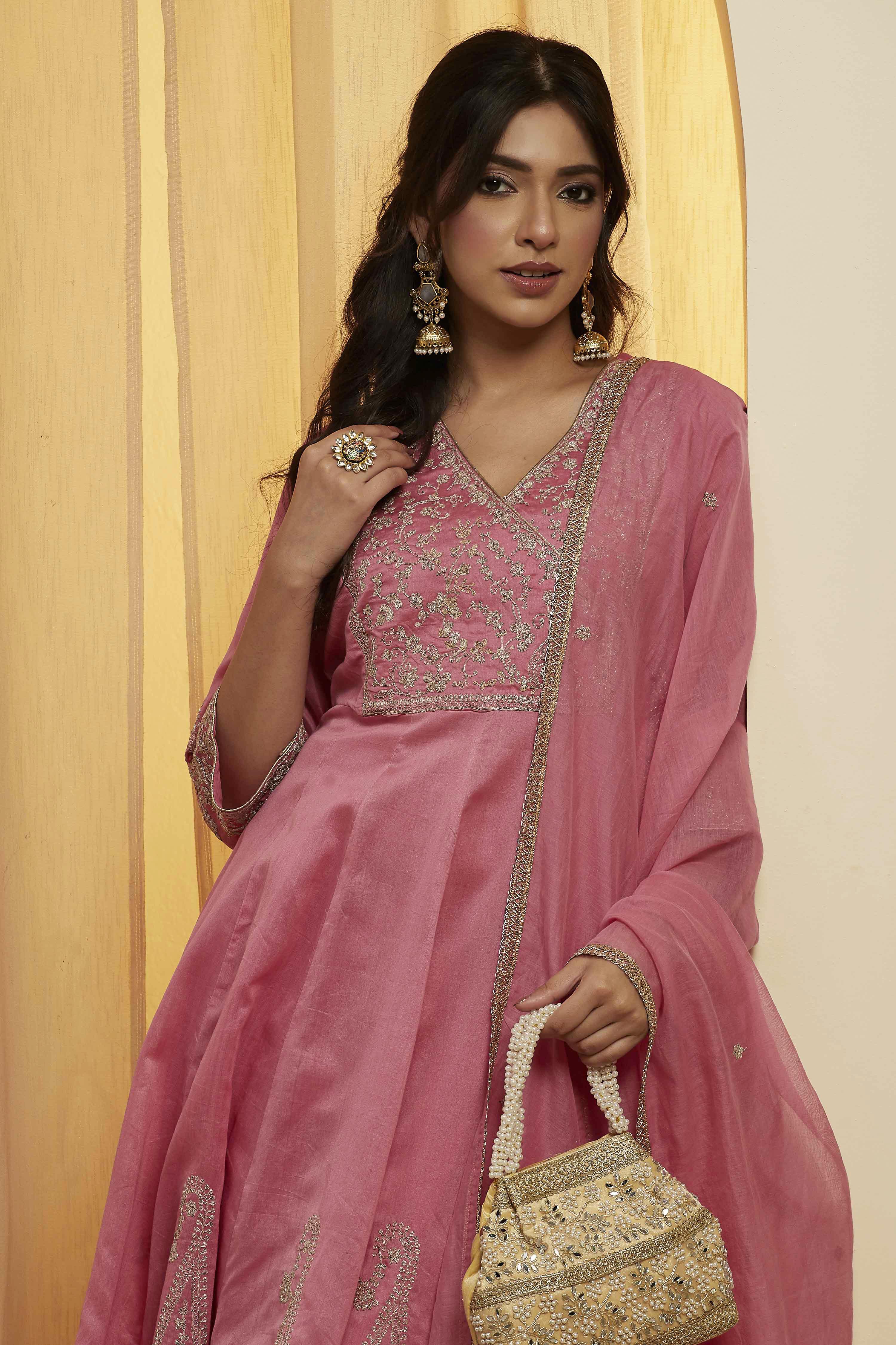 Pink Cotton Silk Anarkali Suit Set image number 1