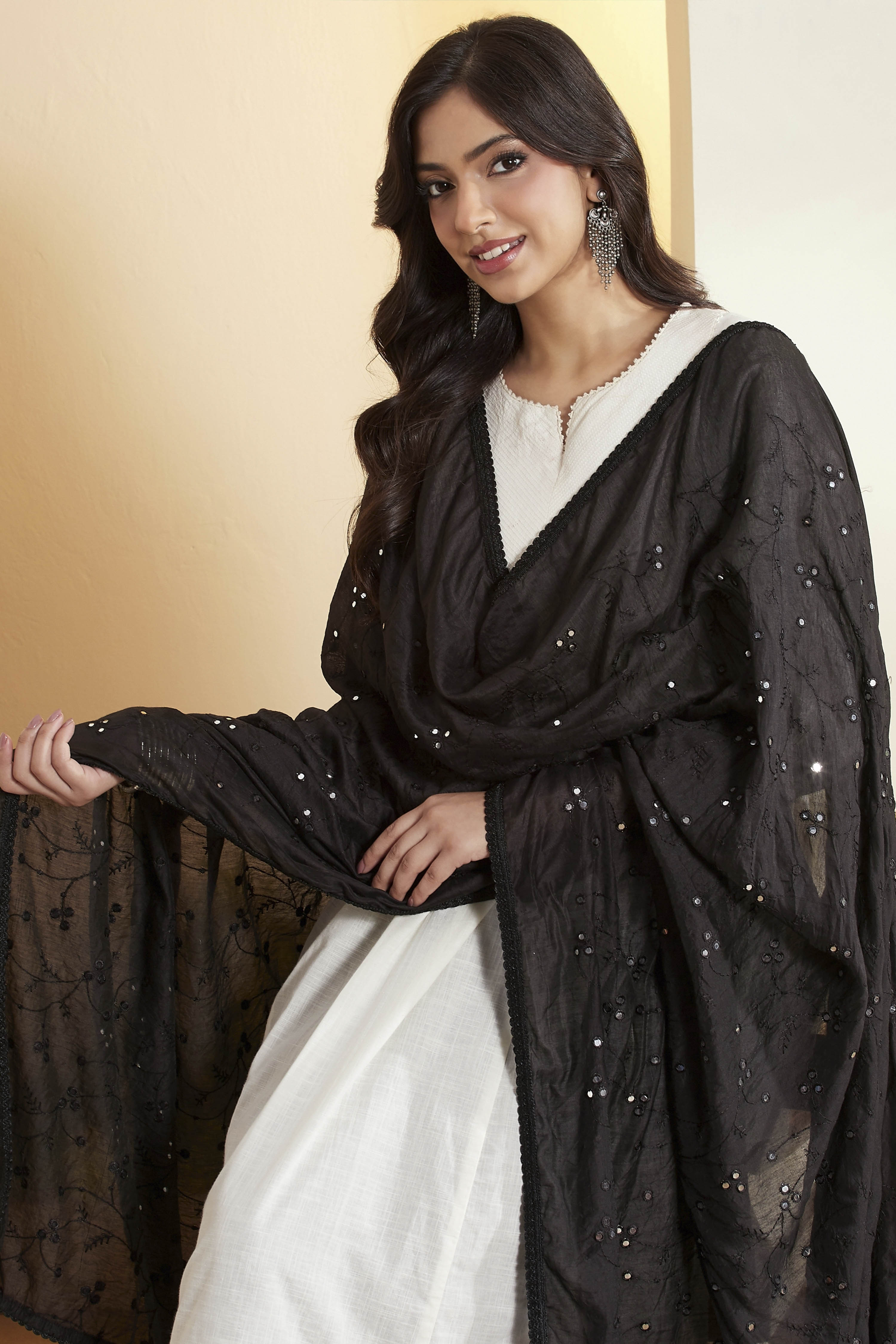 Black Mirror Work & Sequined Dupatta image number 1