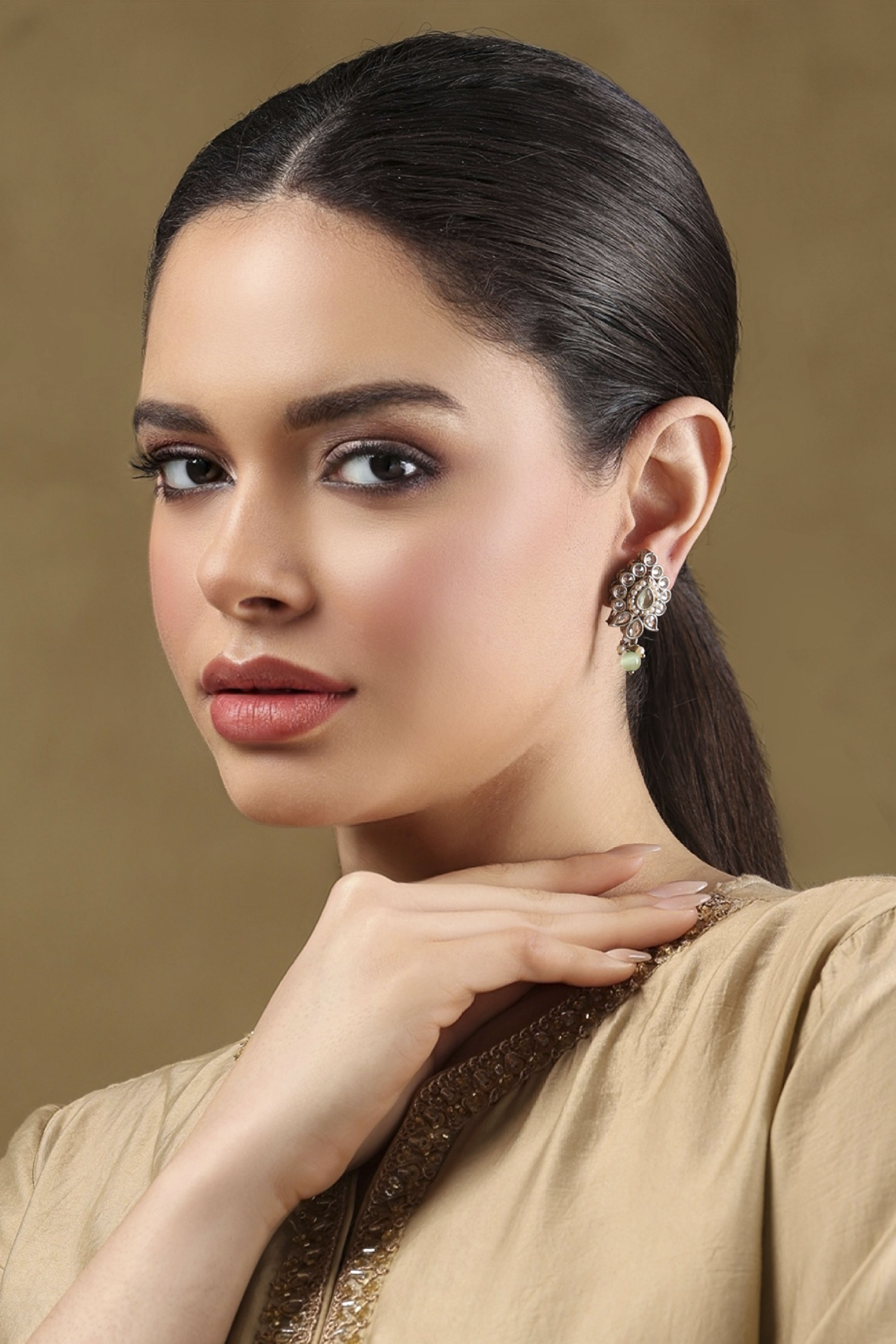 Green Gold Plated Alloy Studded Drop Earrings image number 3