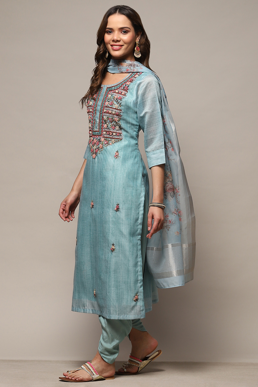 Blue Chanderi Unstitched Suit set image number 5