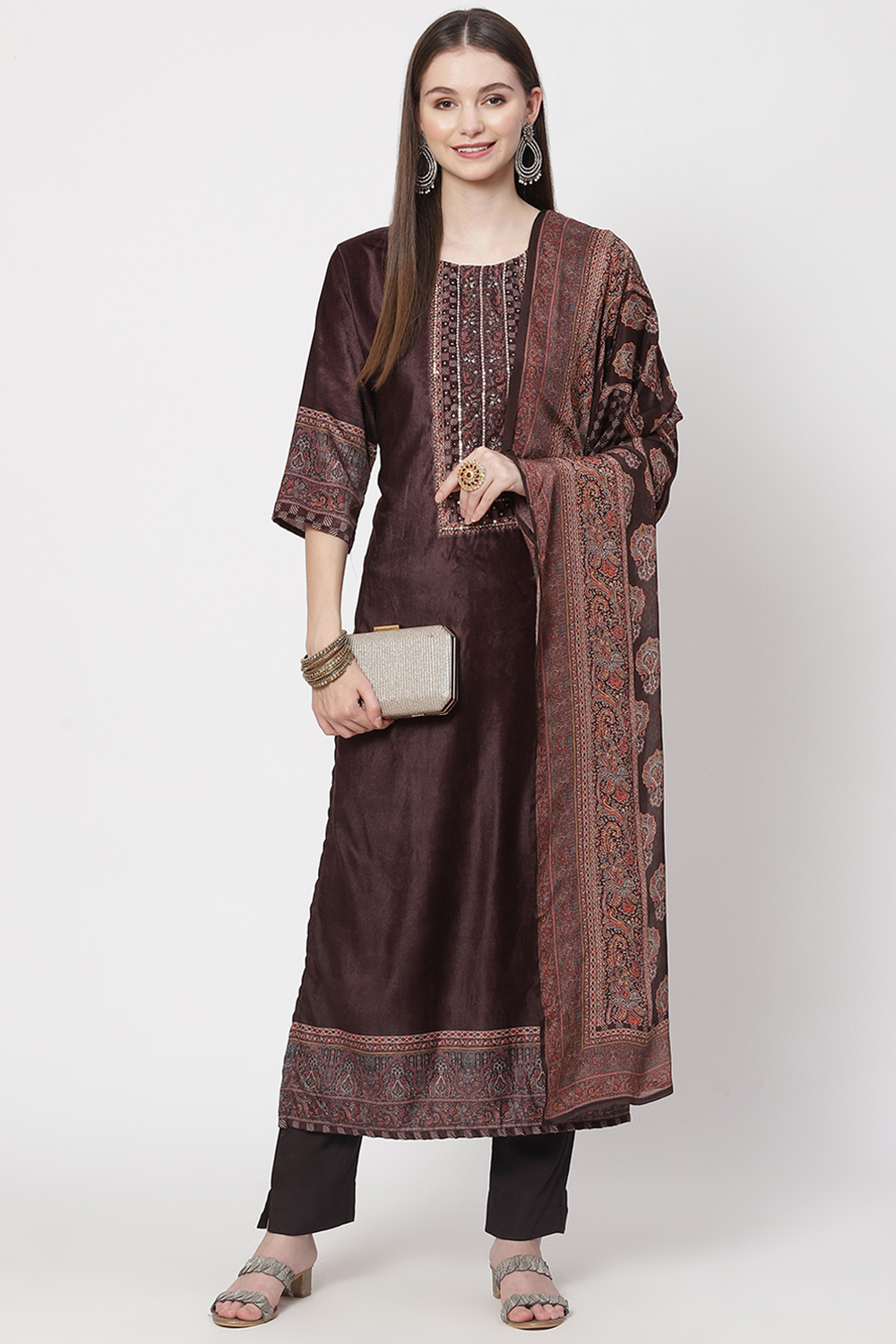 Multicolour Velvet Unstitched Suit Set image number 7