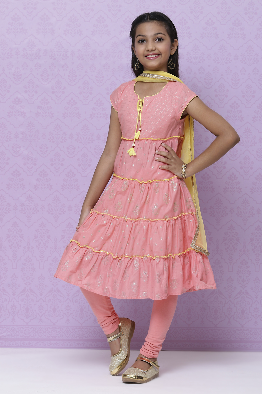 Peach Cotton Girls Tiered Kurta Churidar Suit Set image number 0