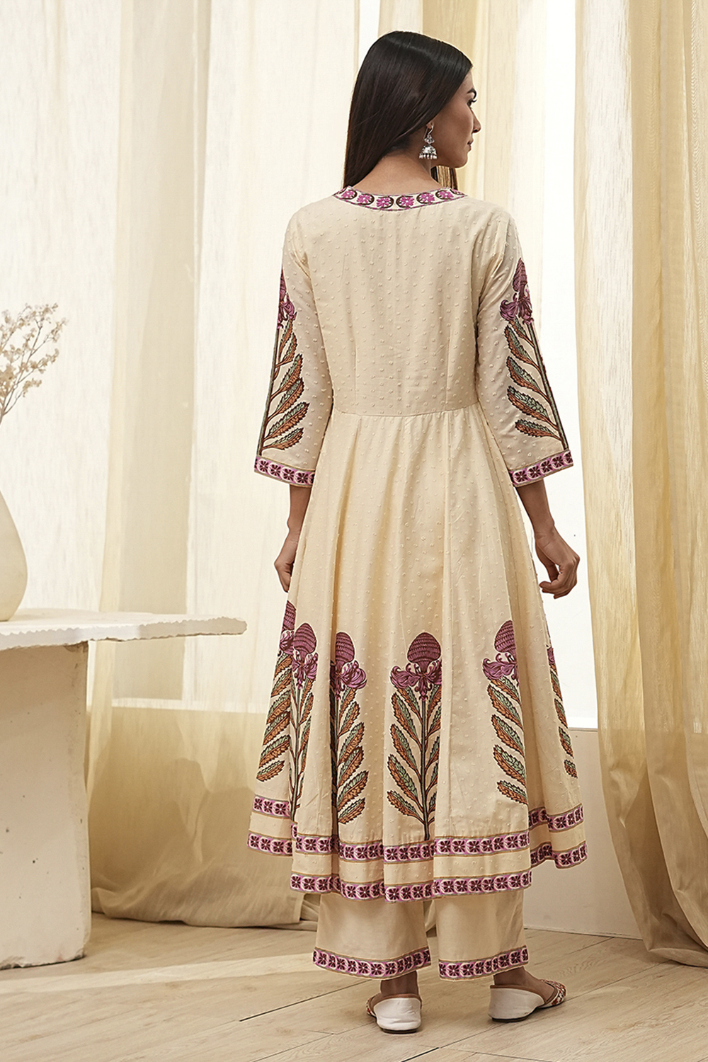 Beige Cotton Printed Anarkali Suit Set image number 4