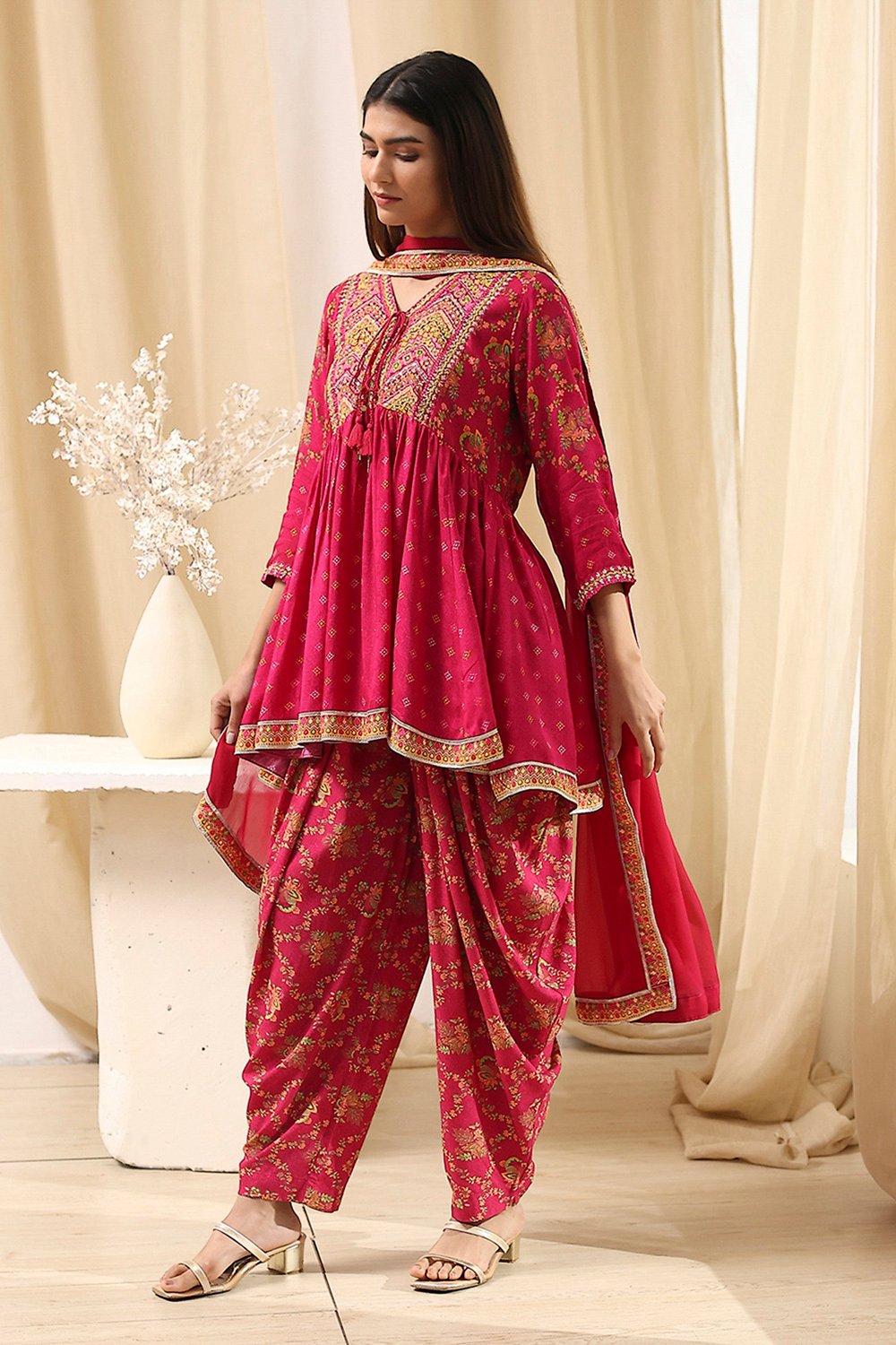 Fuchsia Viscose Floral Printed Peplum Suit Set image number 3