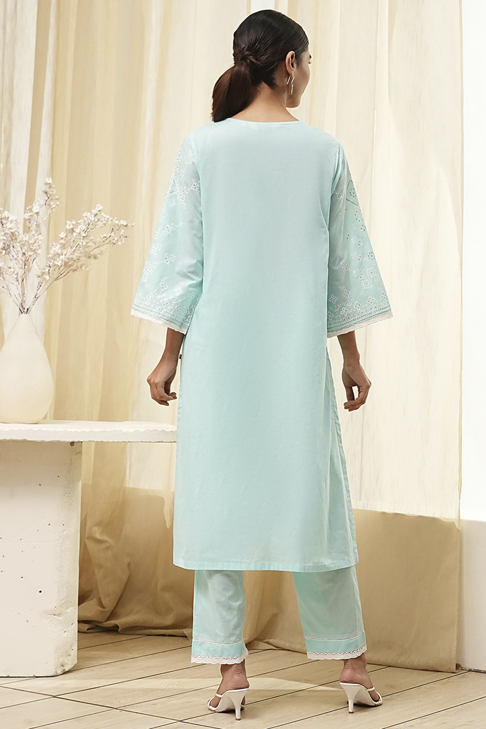 Aqua Cotton Printed Straight Suit Set image number 4
