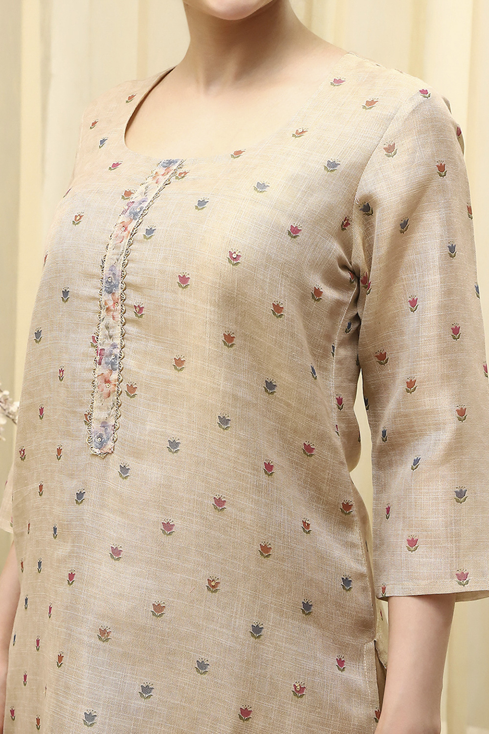 Beige Tissue Printed Unstitched Suit Set image number 2