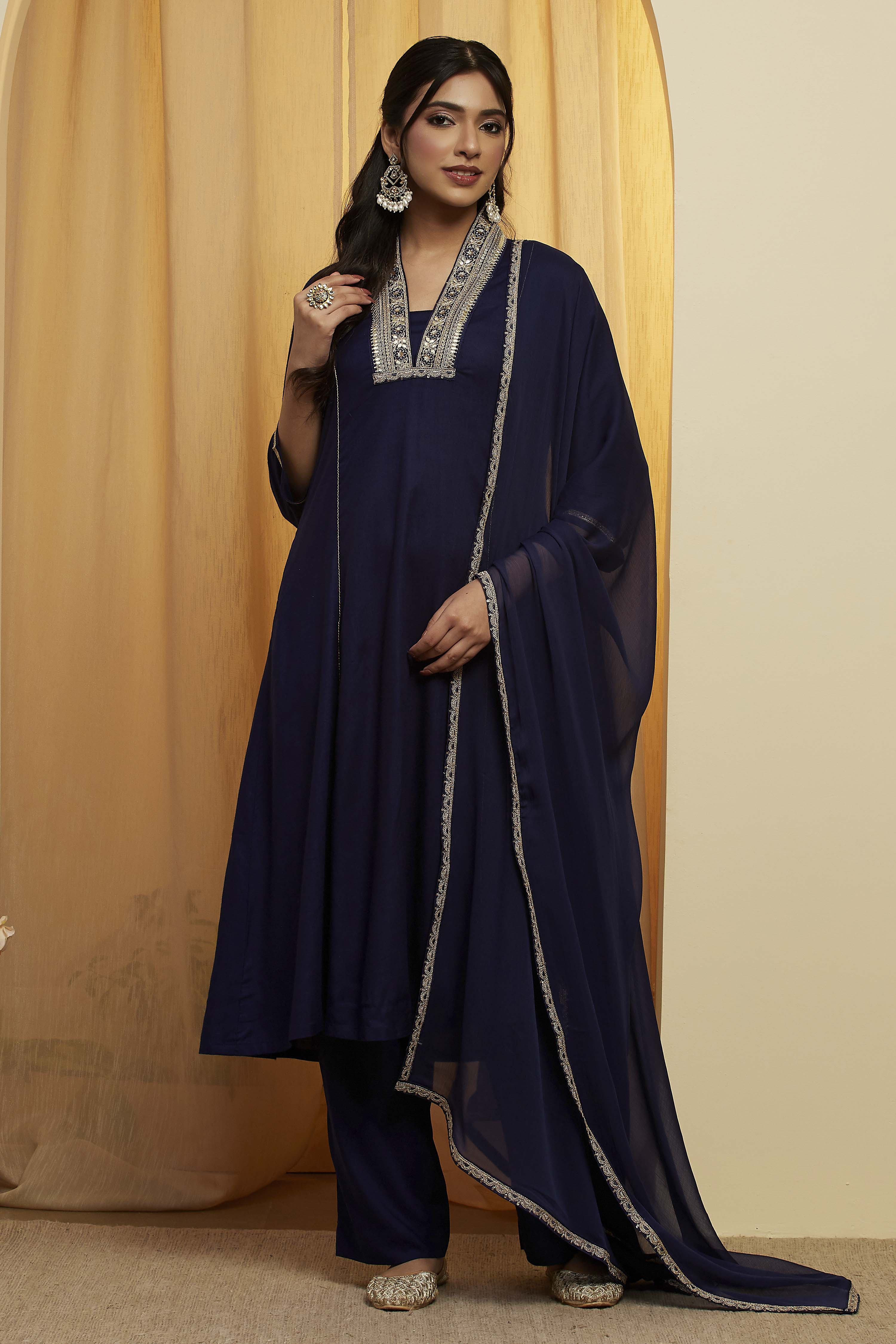 Navy Blue Viscose Rayon Yoke Design Straight Kurta Set image number 6