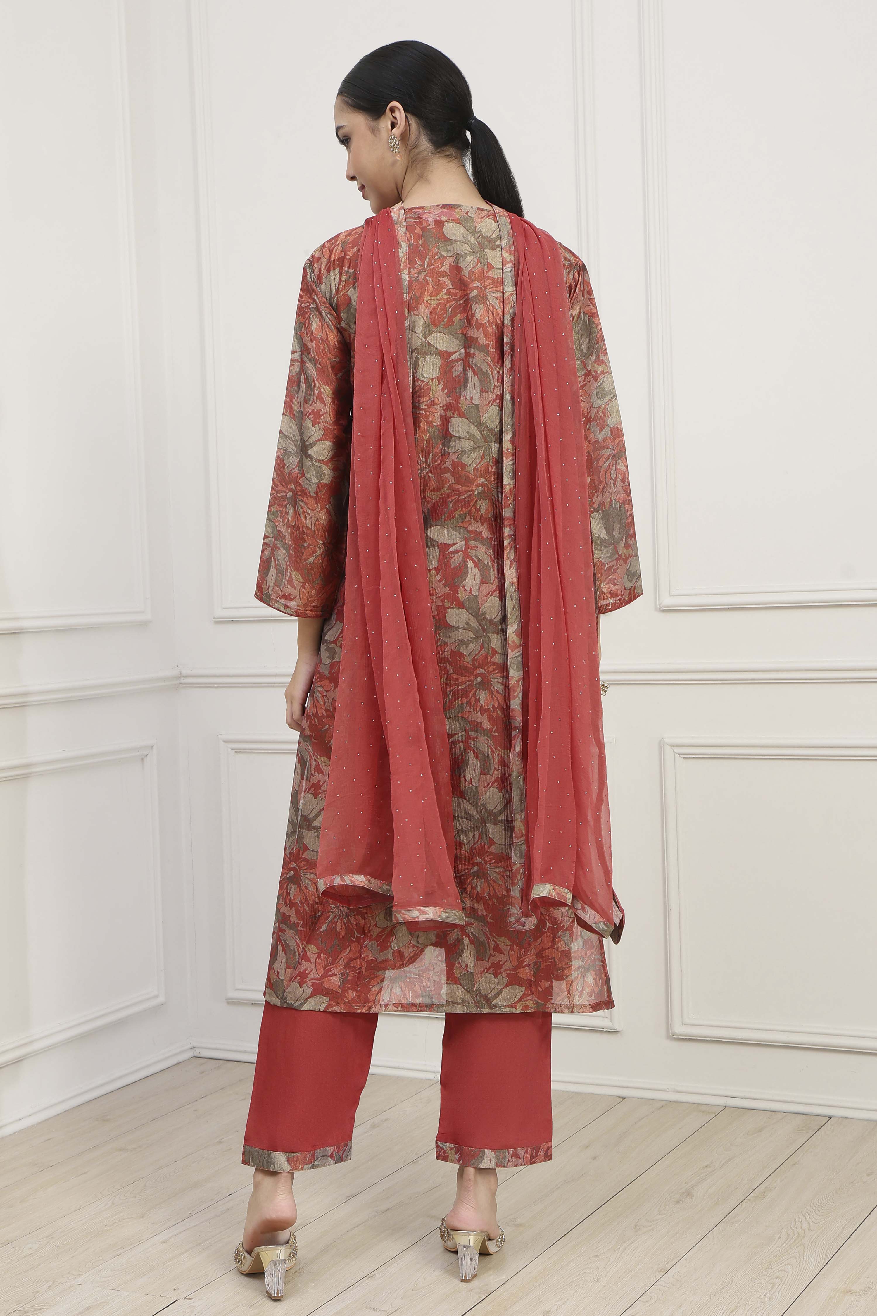 Rust Silk Blend Machine Embroidered Unstitched Suit Set image number 5