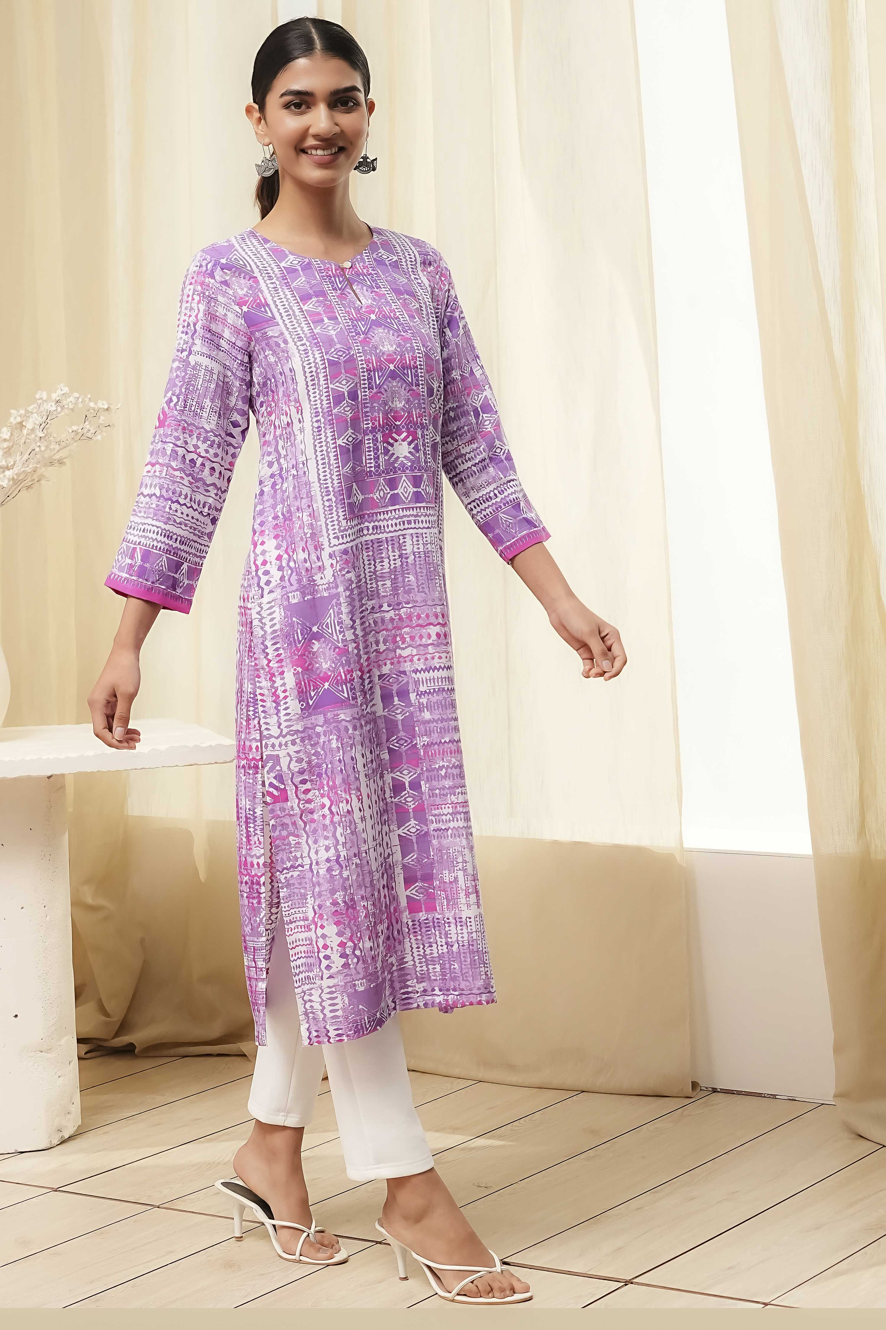 Lavender Printed Straight Kurta image number 0