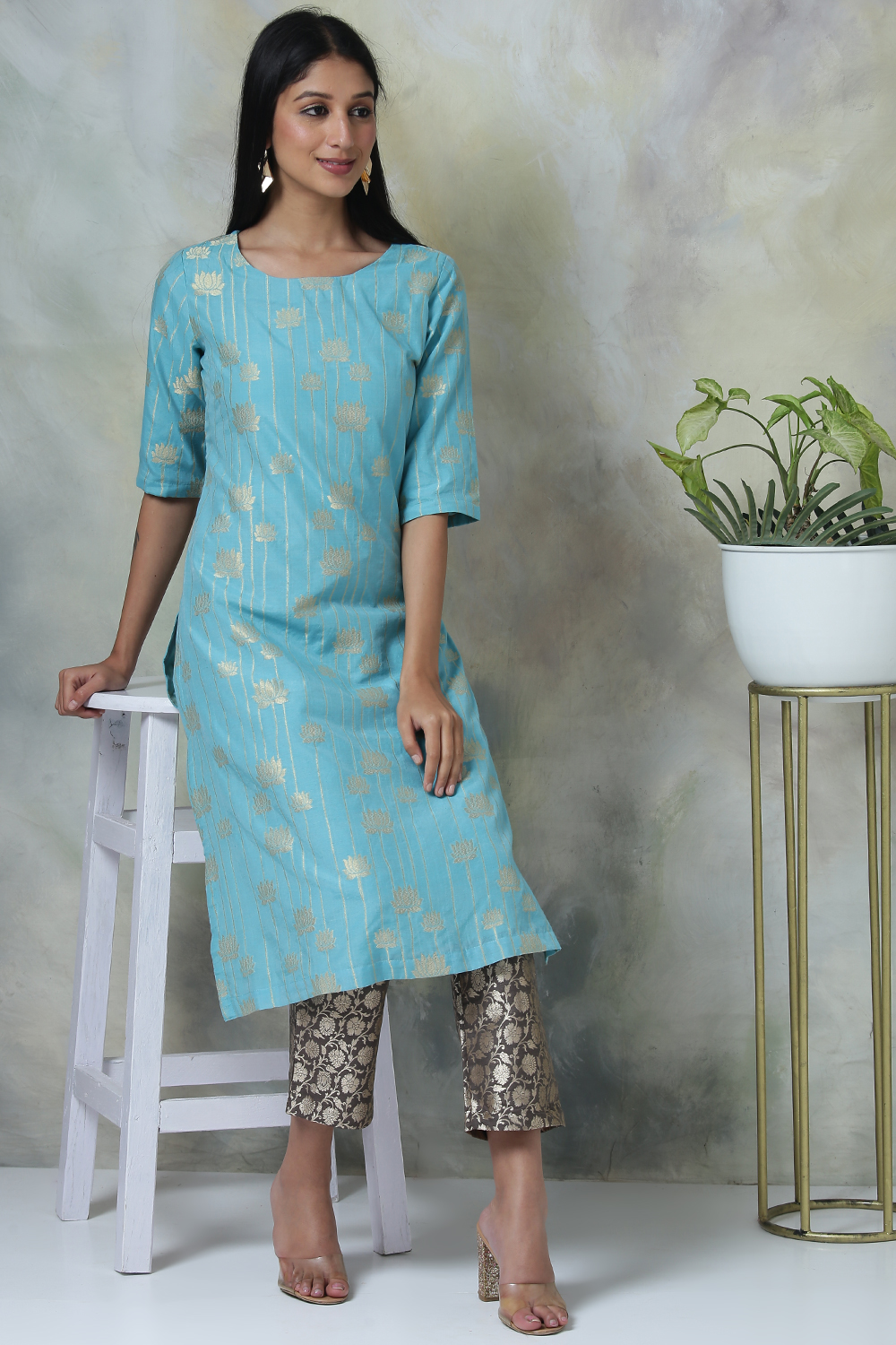 Turquoise Art Silk Cotton Yarndyed Kurta image number 0