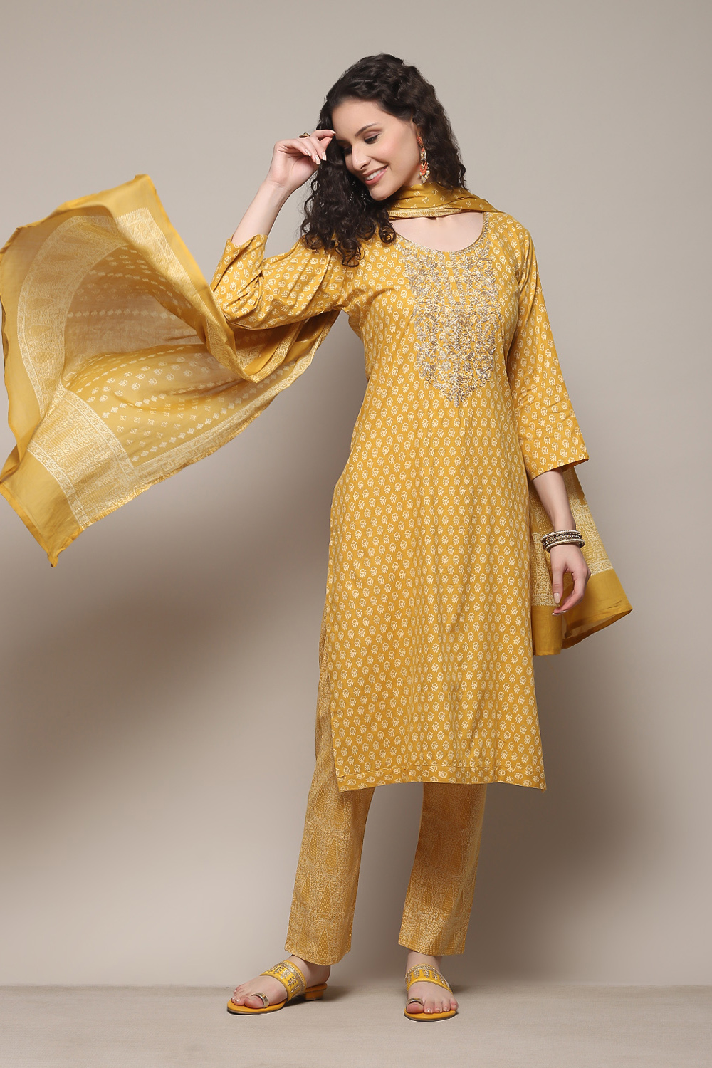 Yellow Cotton Machine Embroidered Unstitched Suit Set image number 1