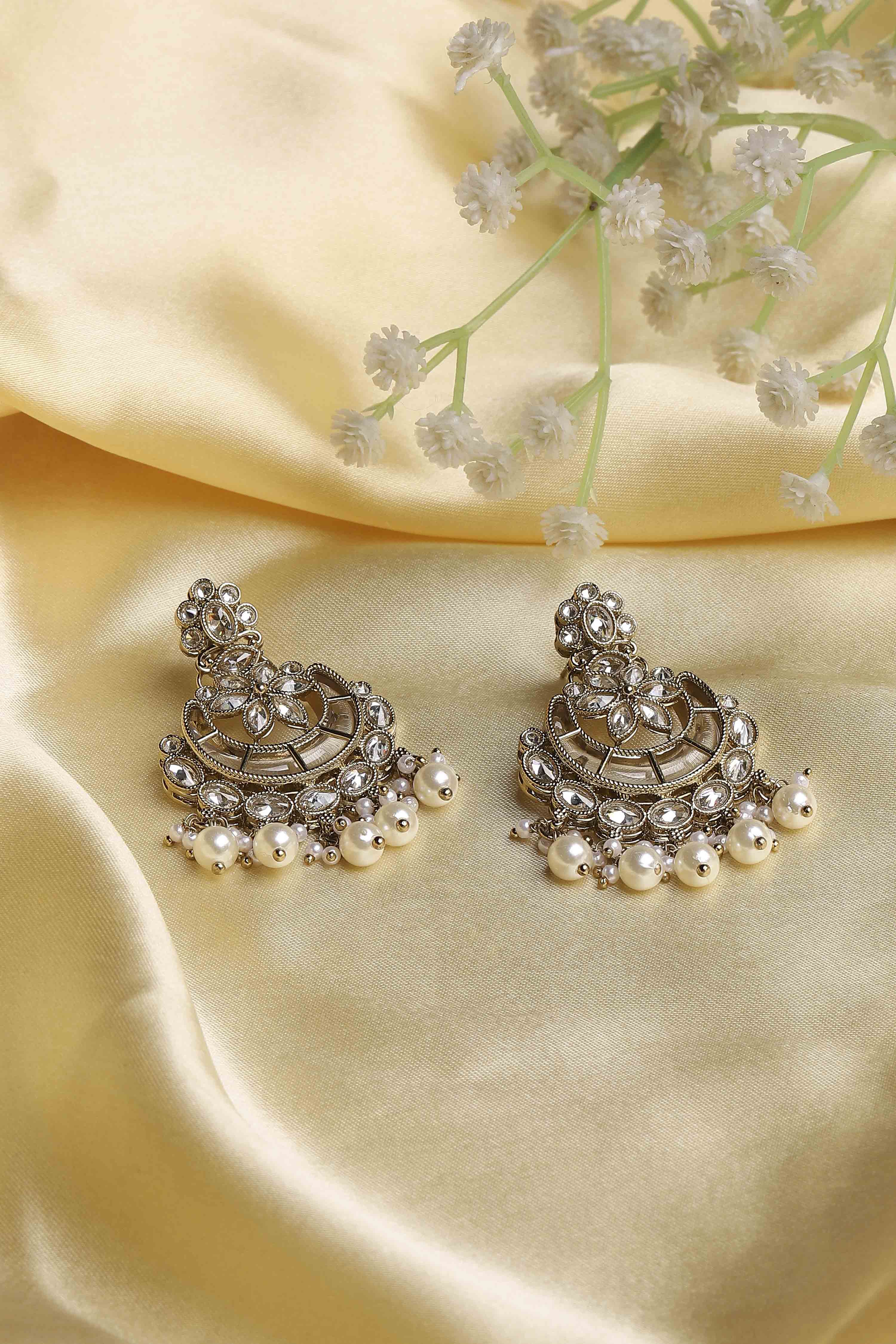 White Gold Plated Alloy Studded Chandbalis image number 0