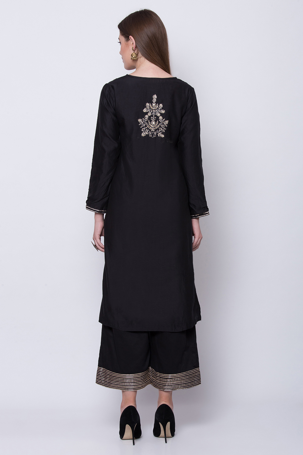 Black Cotton Silk Straight Kurta Palazzo Suit Set image number 4
