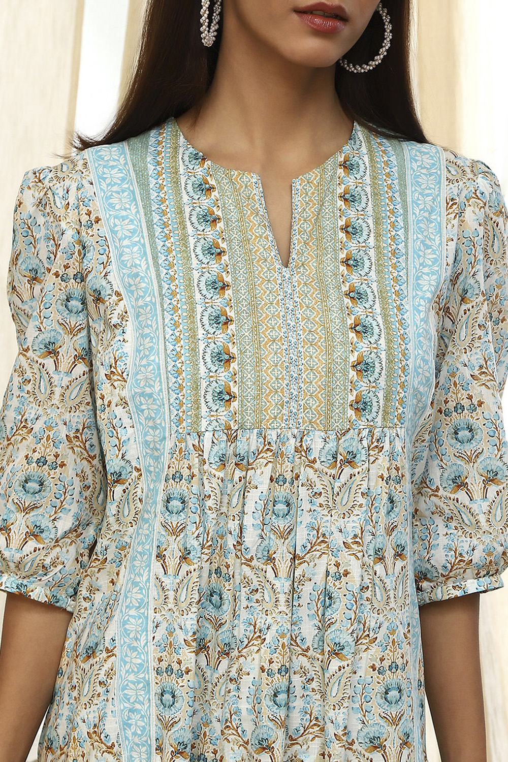 Blue Cotton Floral Printed Tiered Dress image number 1