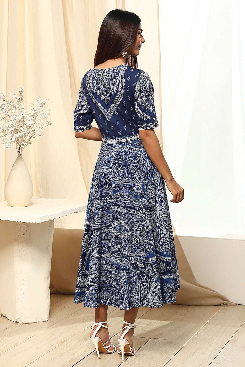 Indigo Cotton Printed Flared Wrap Dress image number 3