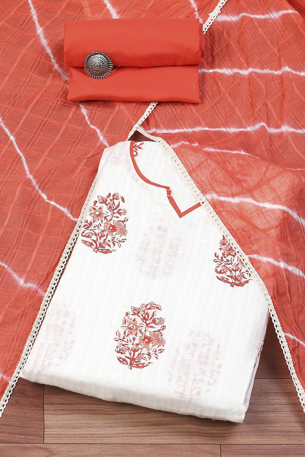 Red Cotton Hand Block Print Unstitched Suit Set image number 0