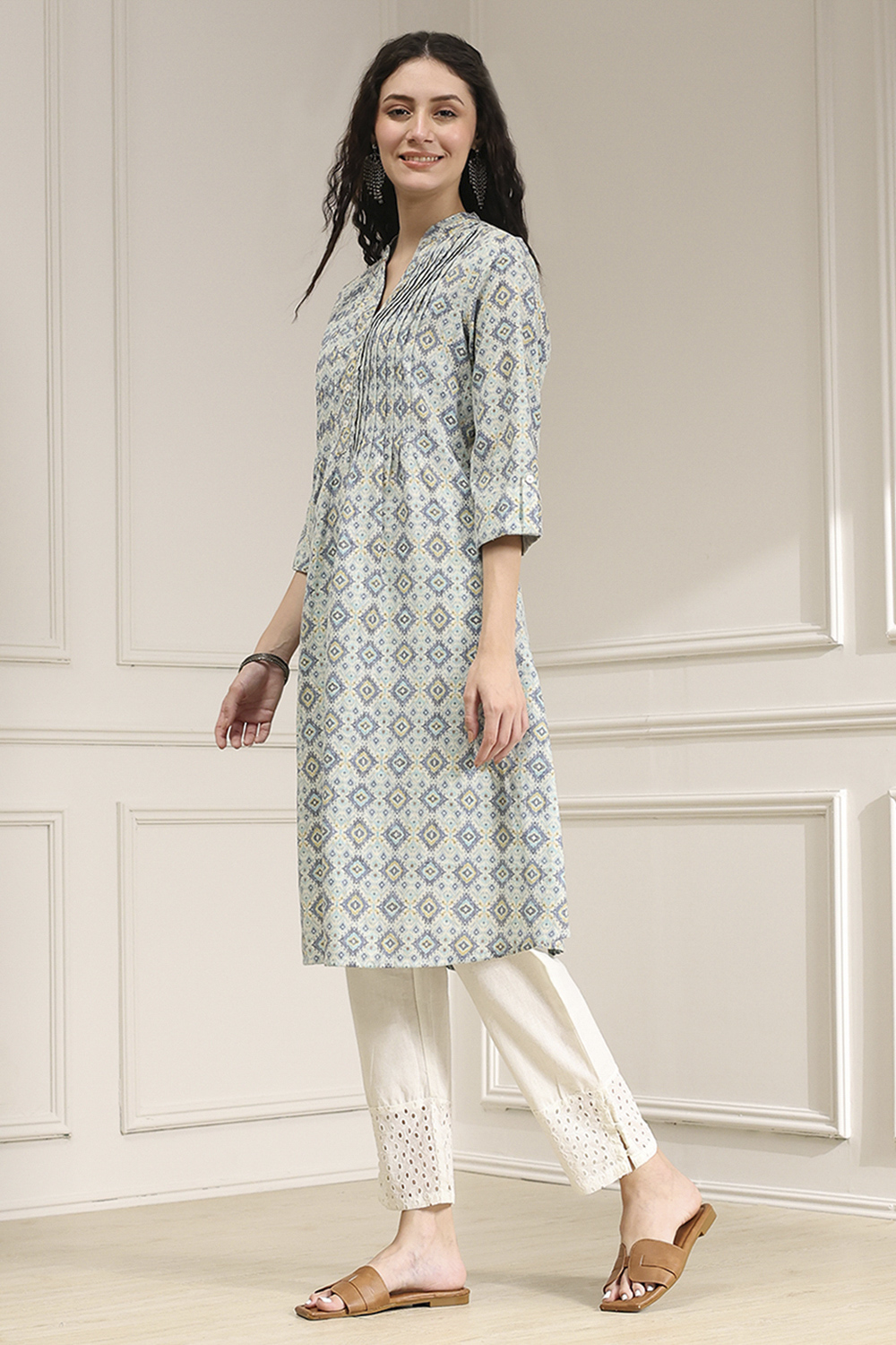 Blue Cotton Printed A-Line Kurta image number 2