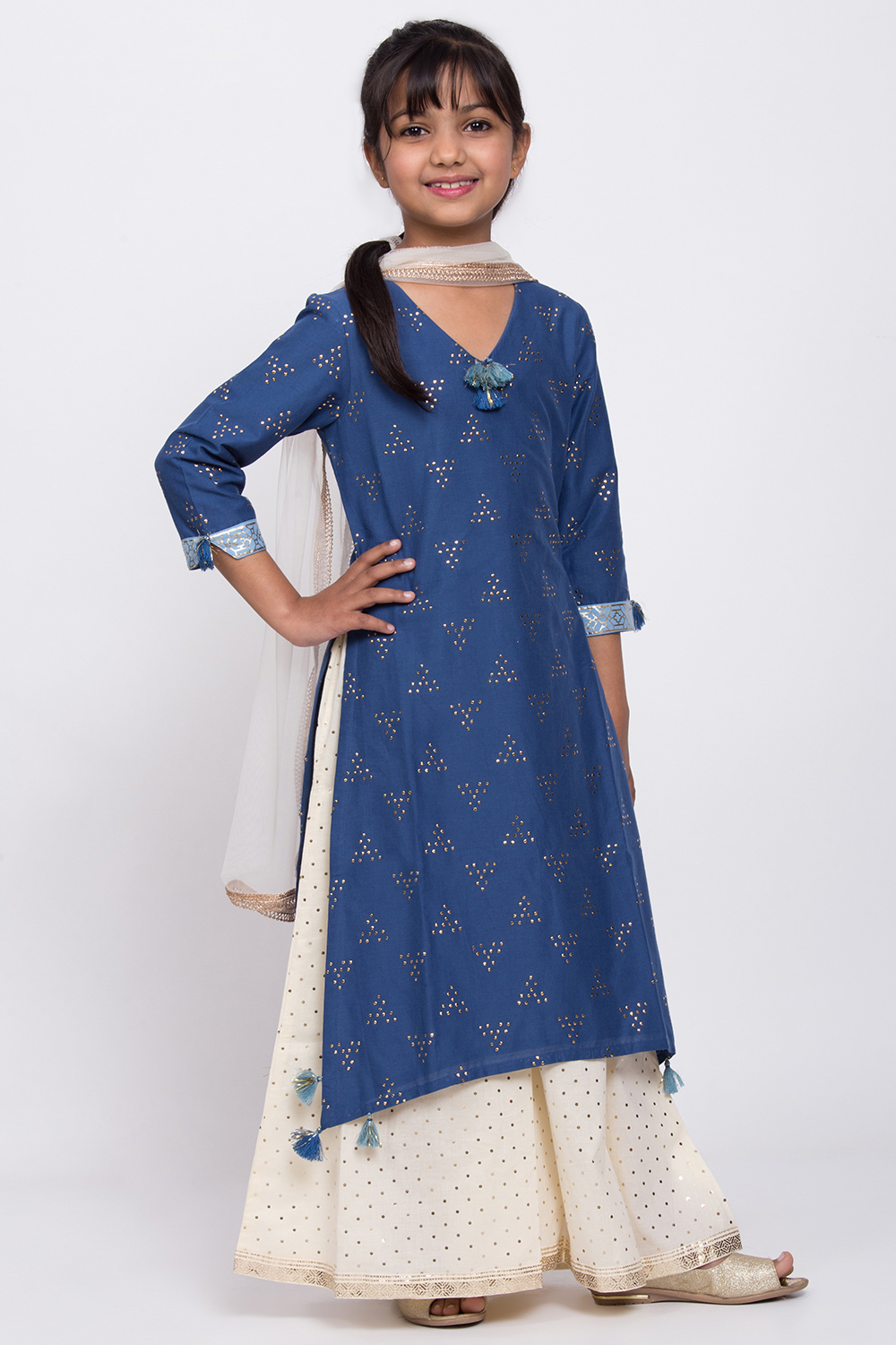 Marine Blue Cotton Sharara Kurta Flared Palazzo Suit Set image number 3