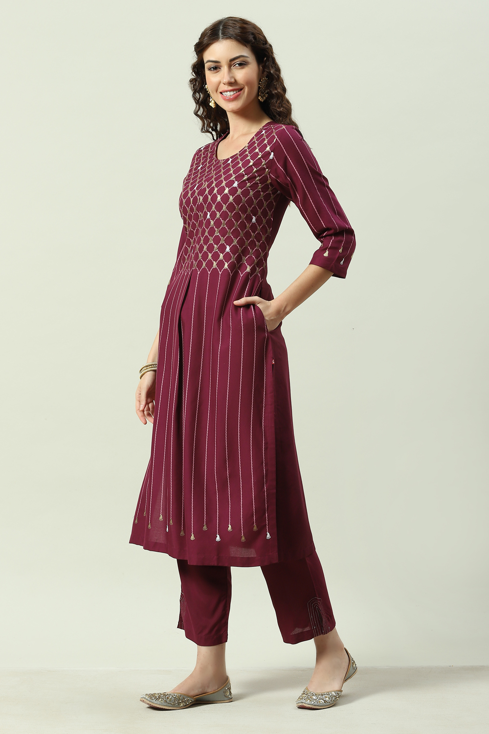 Plum Printed Rayon Straight Kurta Regular Pant Suit Set image number 0