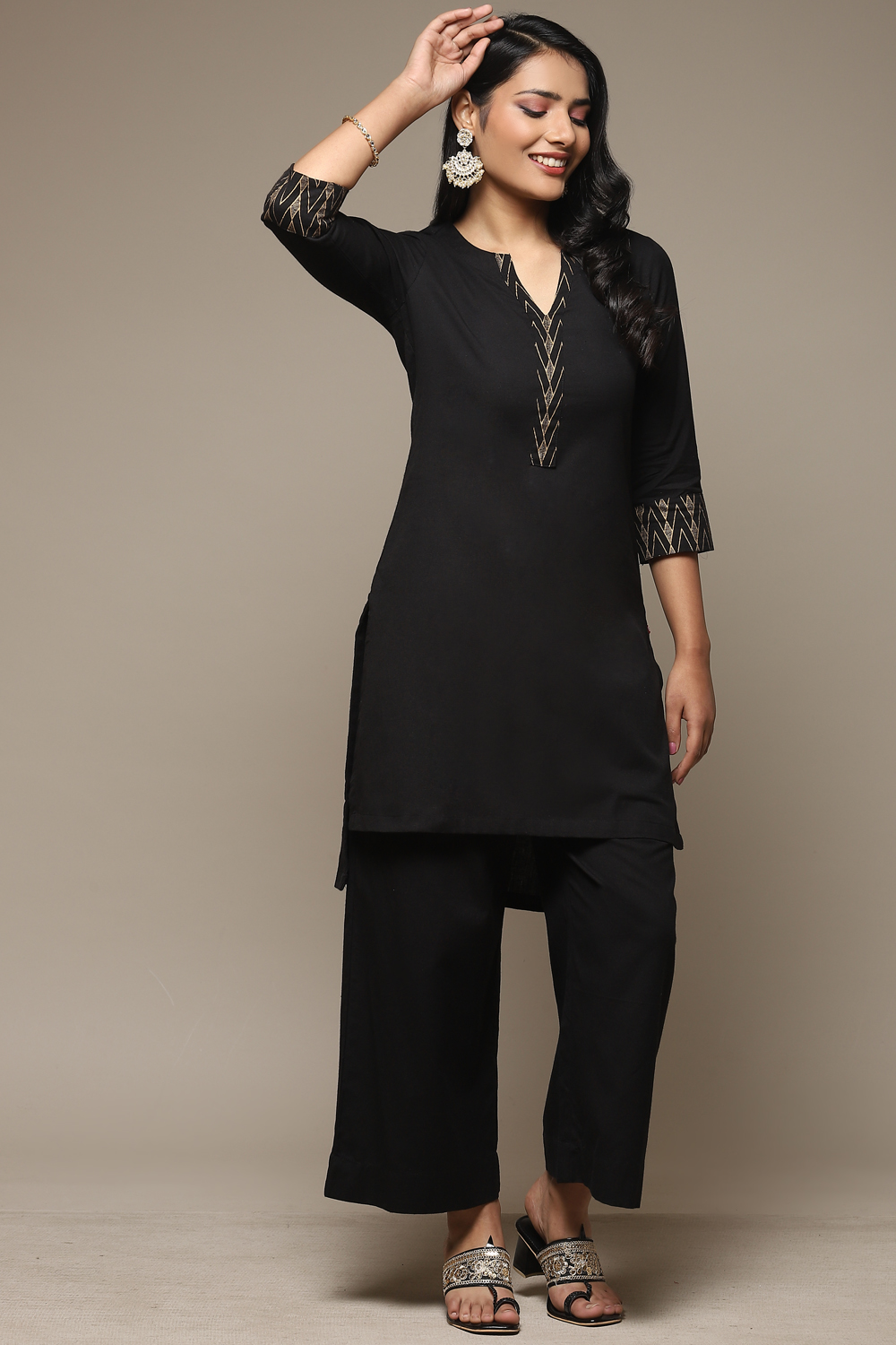 Black Cotton Blend Straight Kurta Palazzo Suit Set image number 0