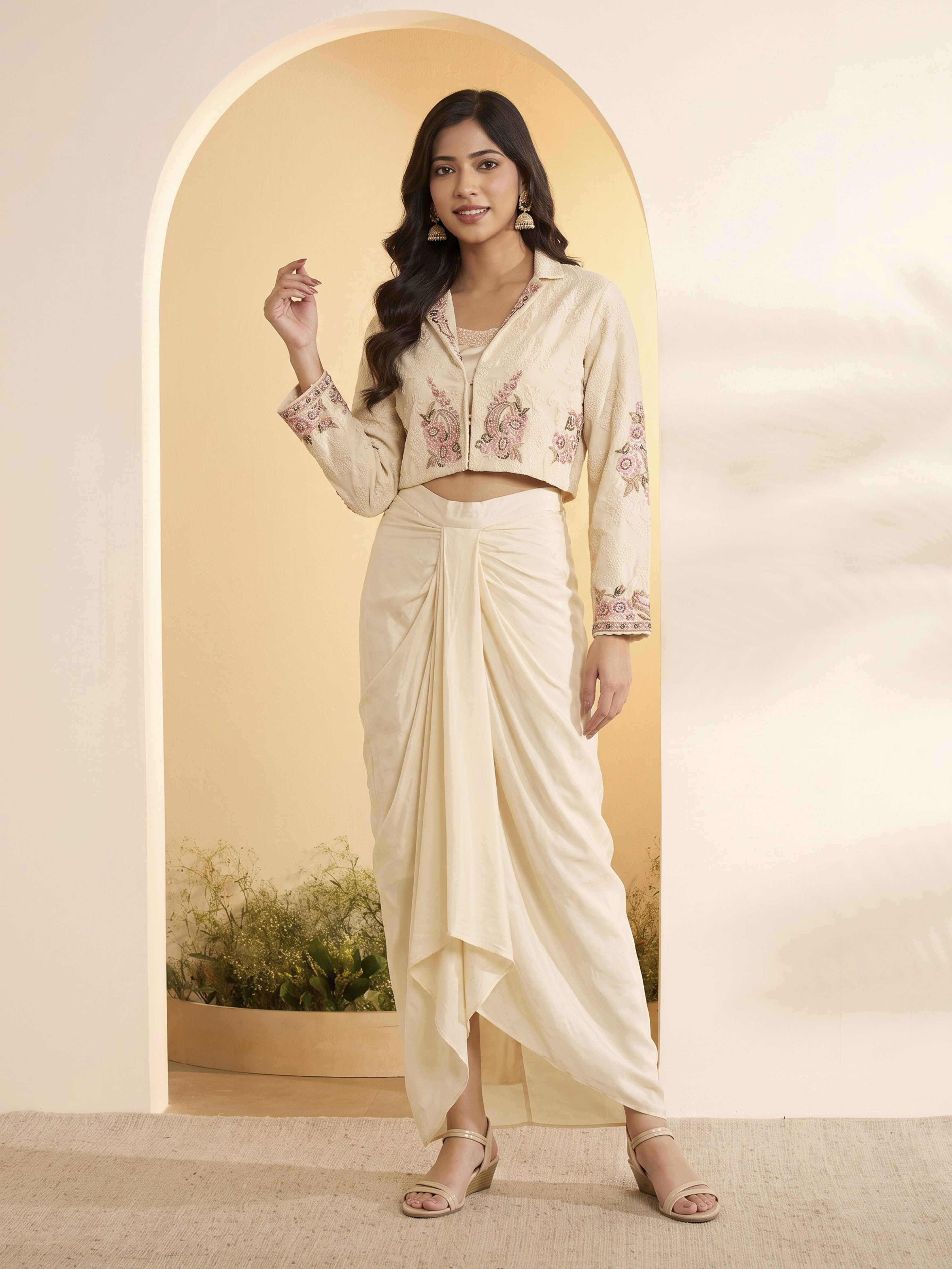 Ivory Viscose Rayon Embroidered Layered Fusion Set image number 0