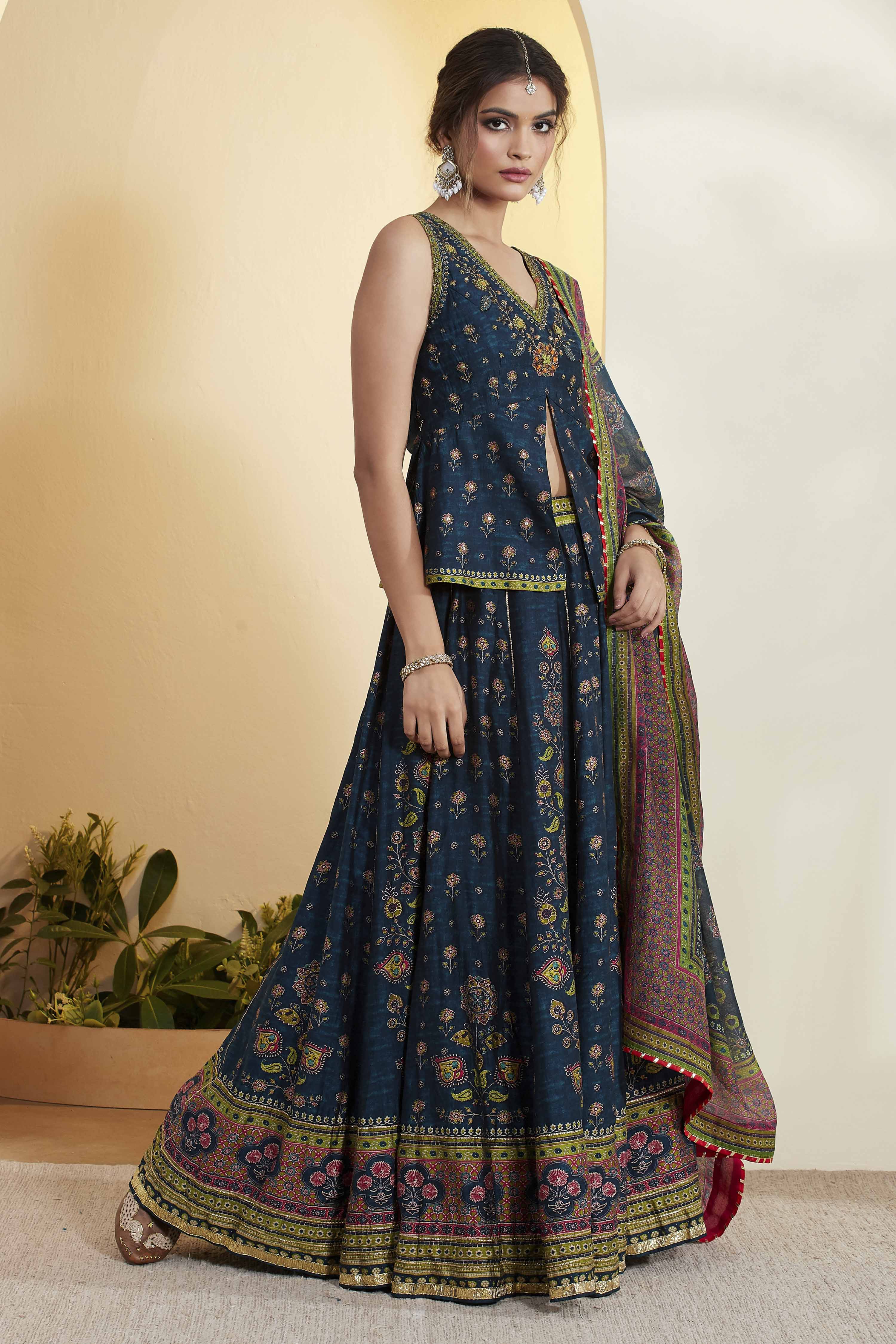 Blue Viscose Silk Floral Printed Peplum Lehenga Set image number 5
