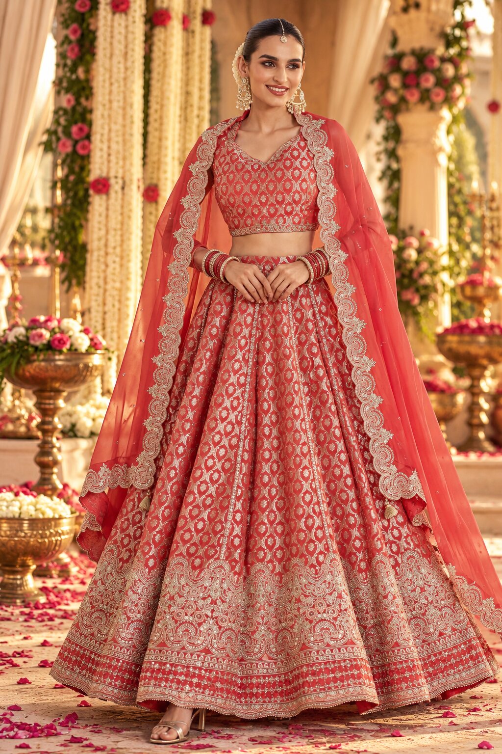 Coral Embroidered Silk Kalidar Lehenga Set image number 0