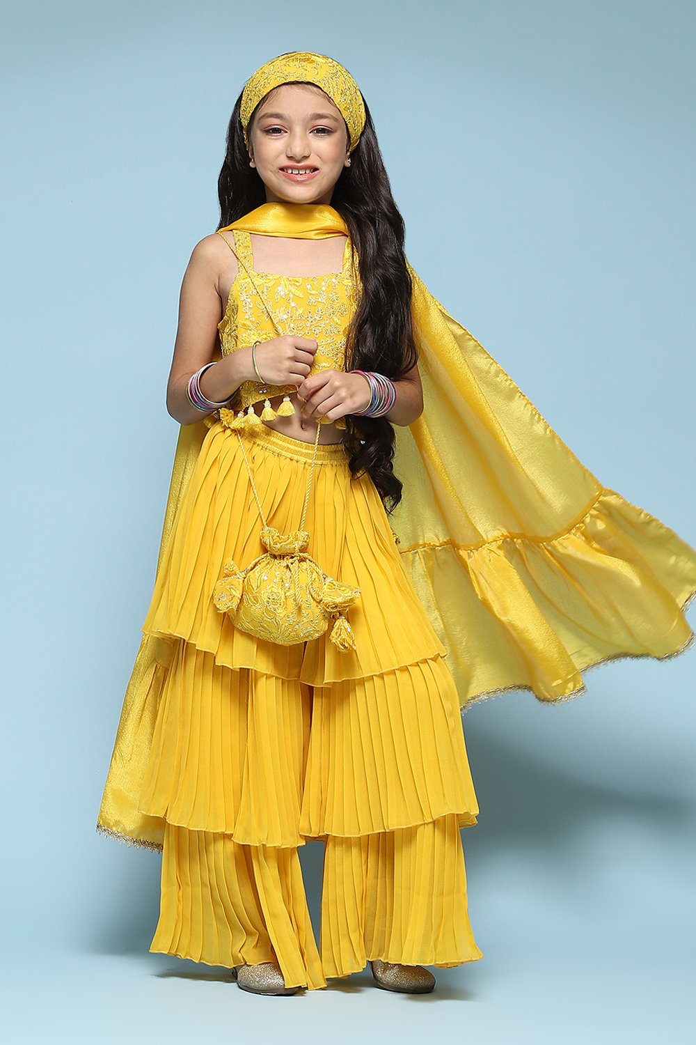 Yellow Polyester Straight Embroidered Suit Set image number 0