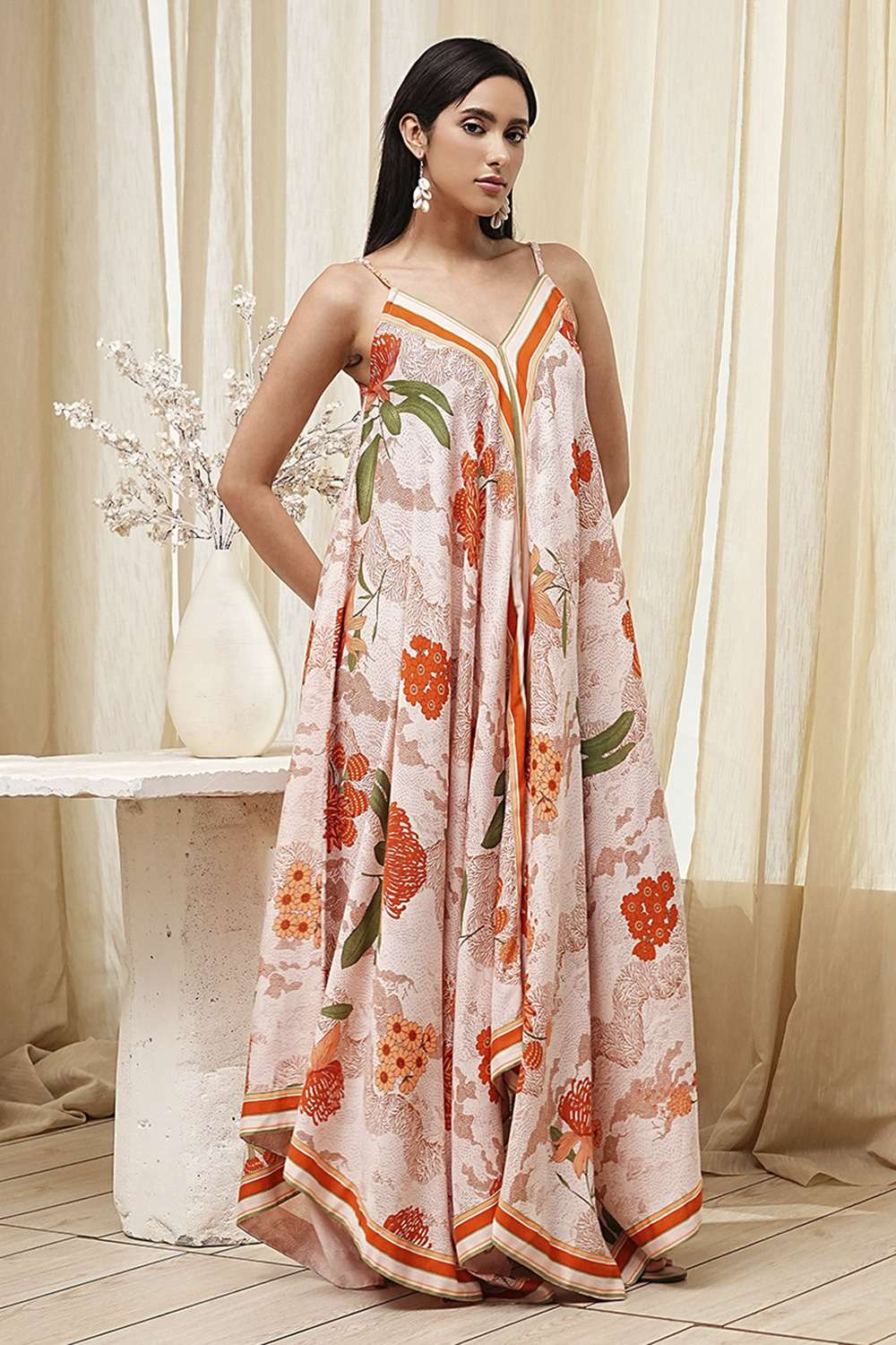 Beige Floral Printed Strappy Relaxed Maxi Dress image number 1