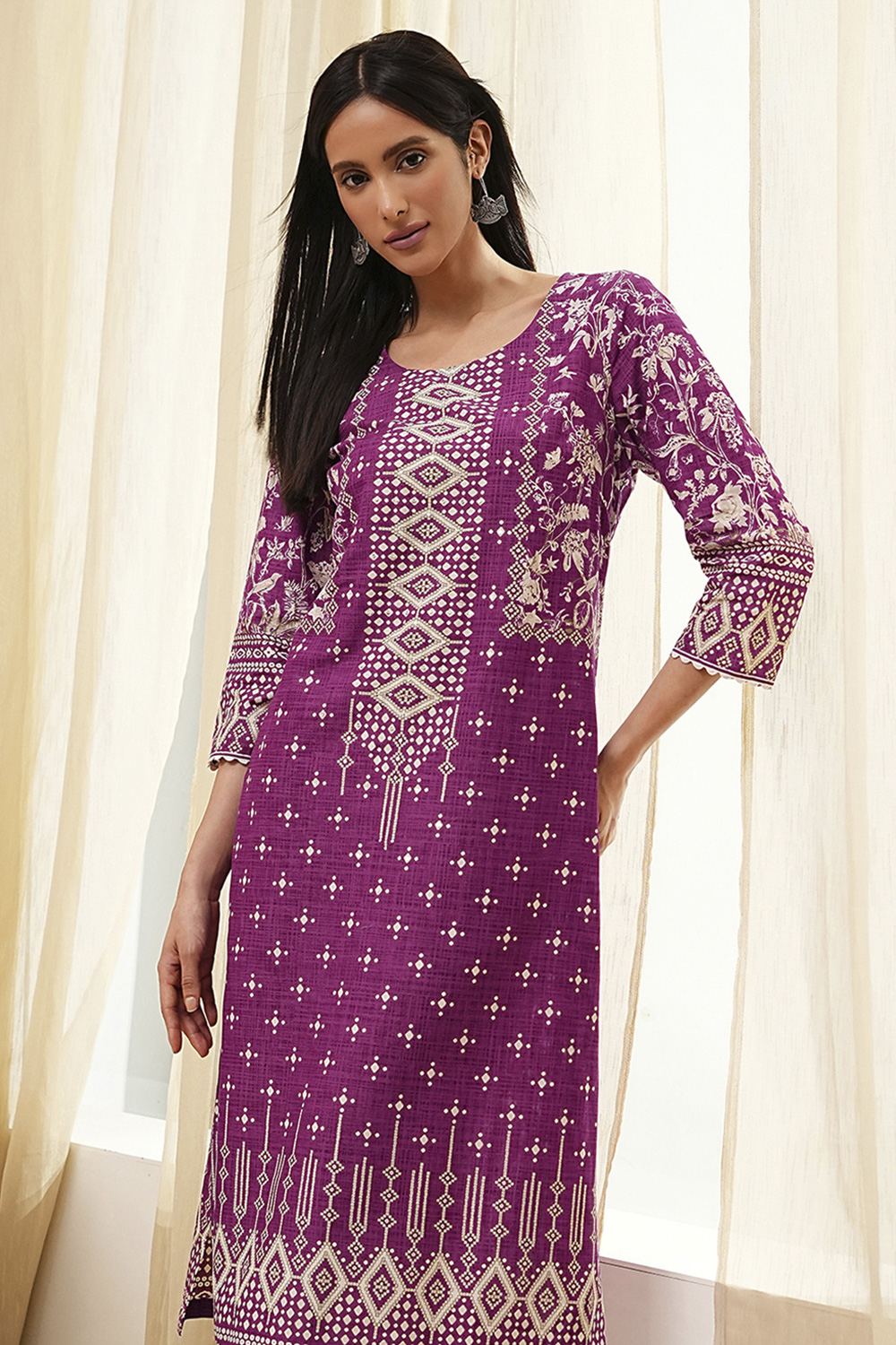 Purple Cotton Printed Straight Kurta image number 6