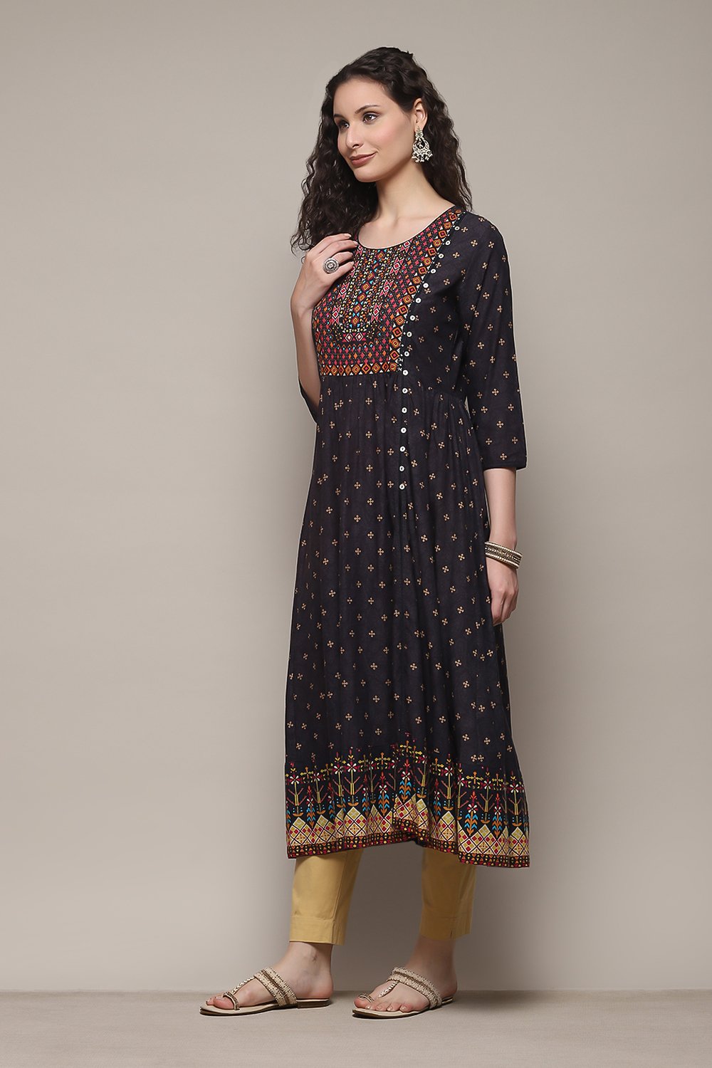 Green Cotton A-Line Printed Kurta image number 2