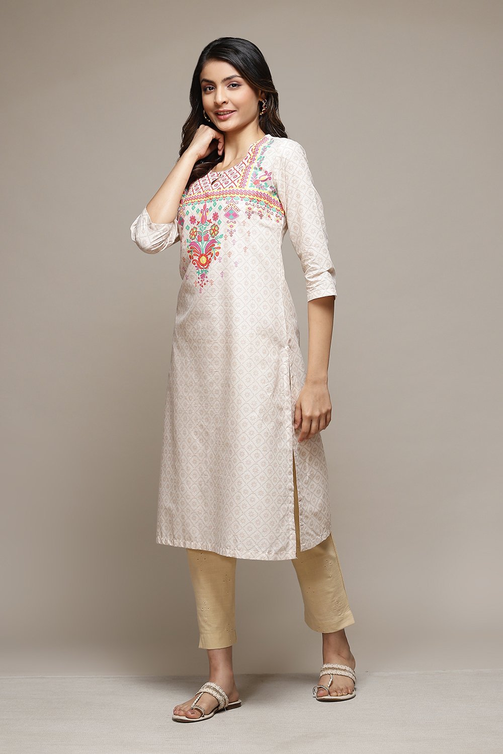 Cream Cotton Straight Printed Kurta image number 2