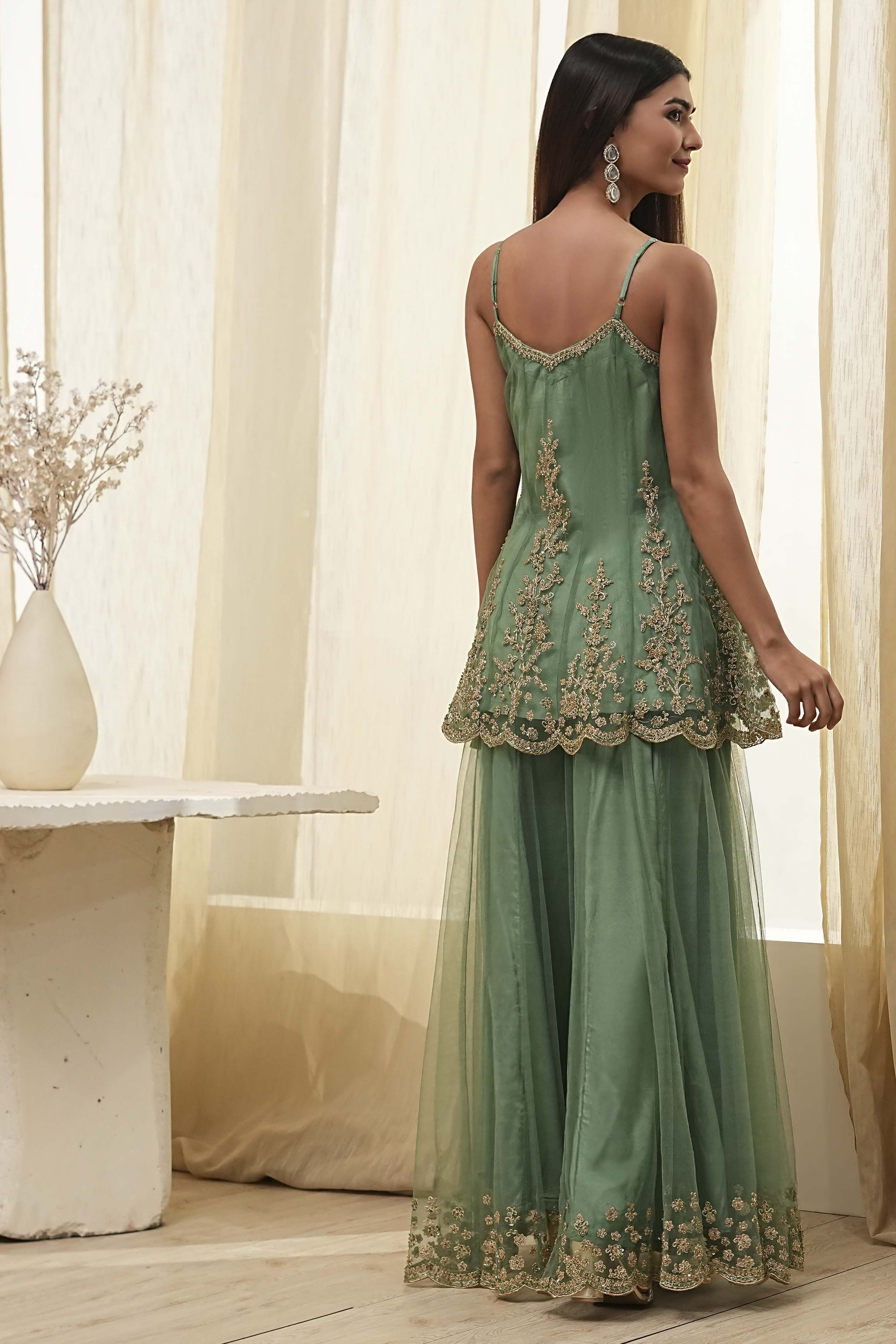 Green Net Embroidered Kalidar Suit Set image number 4