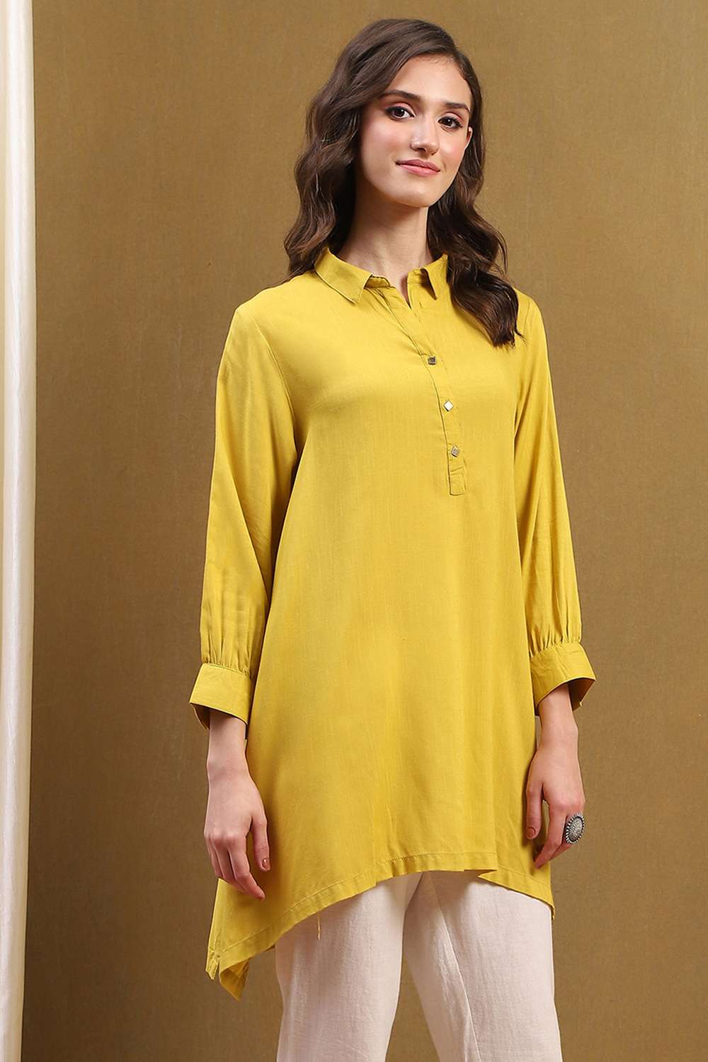 Mustard Yellow Solid Asymmetric Short Kurta image number 4