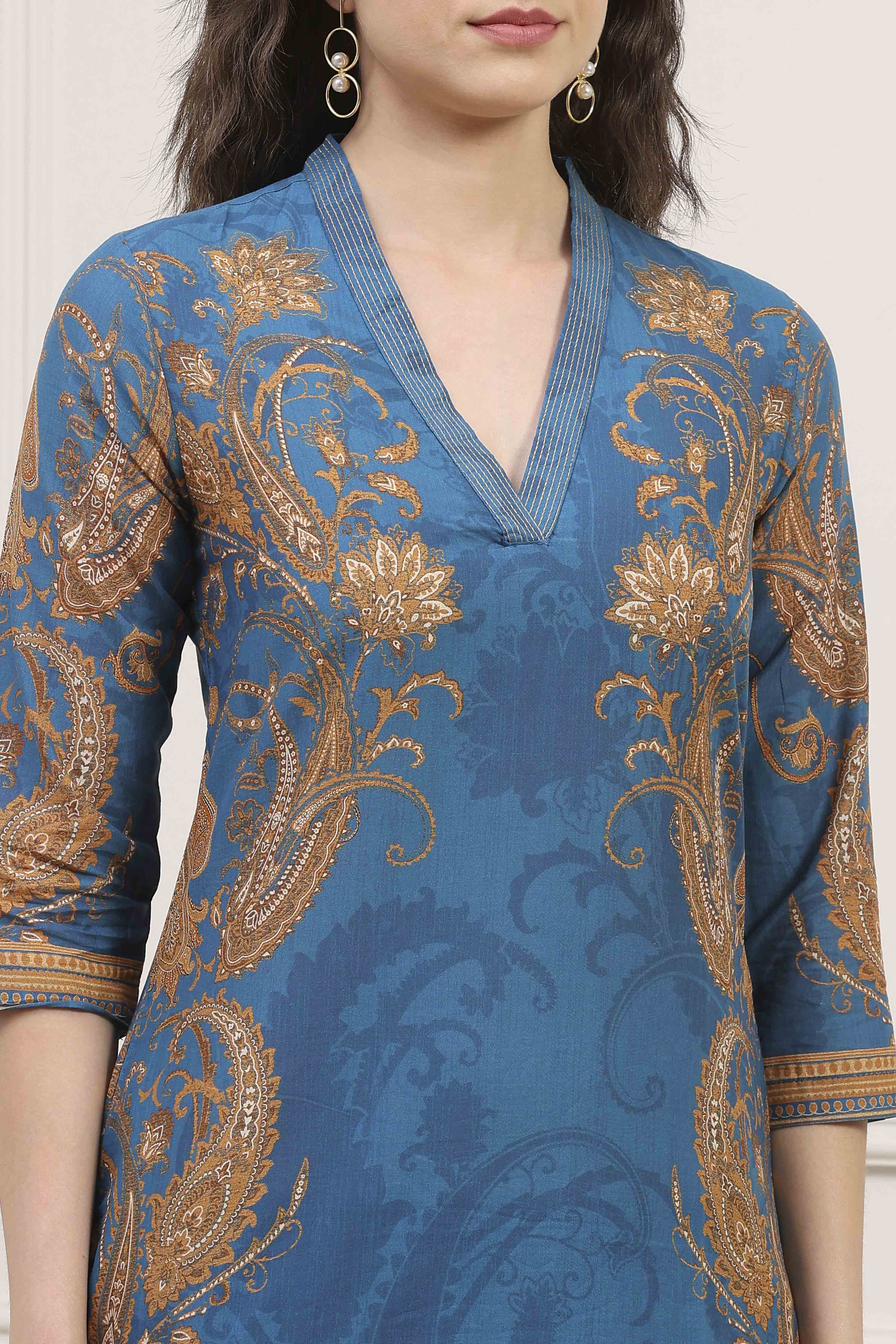 Blue Cotton A-Line Printed Kurta image number 1