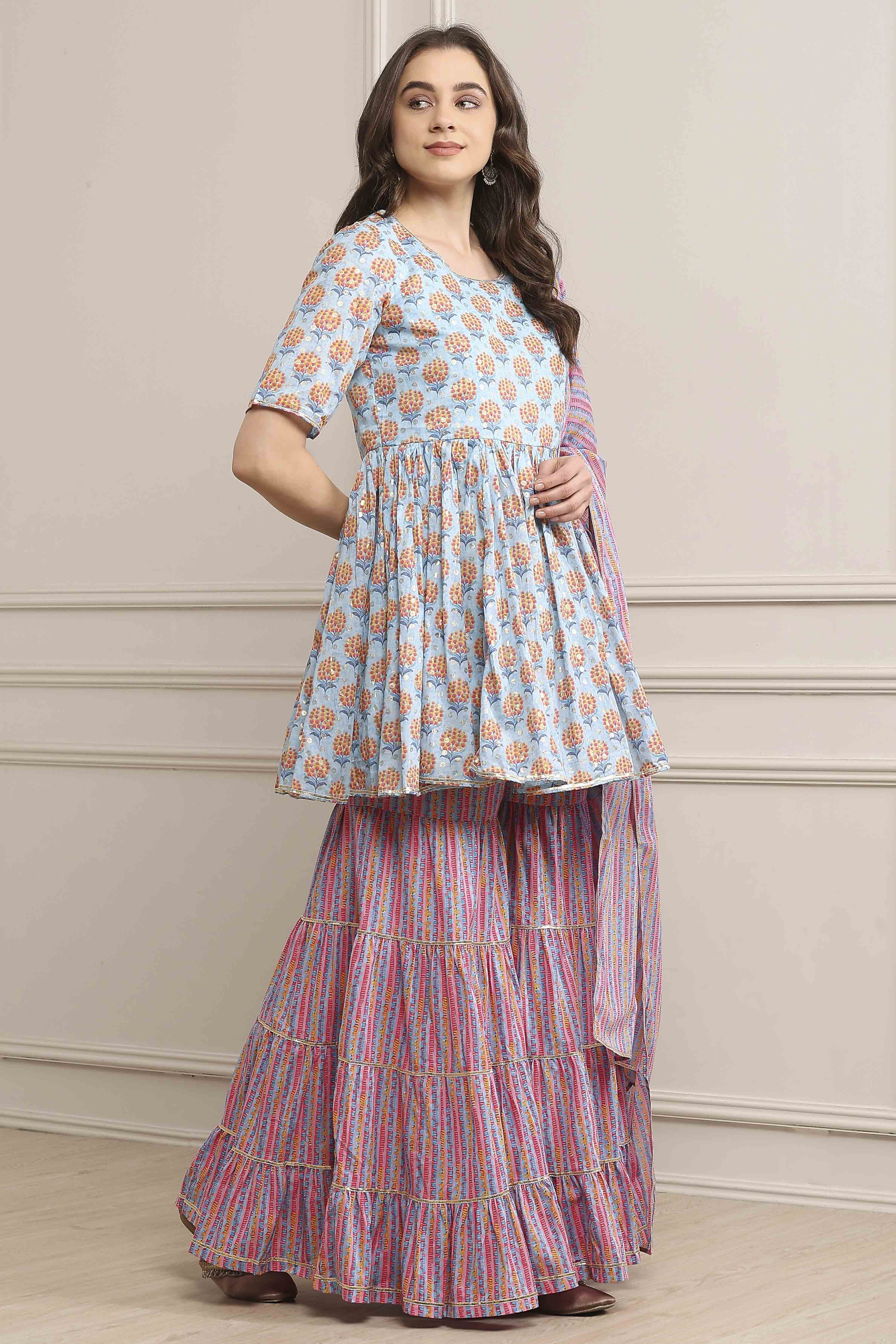 Light Blue Cotton Straight Kurta Garara Suit Set image number 5