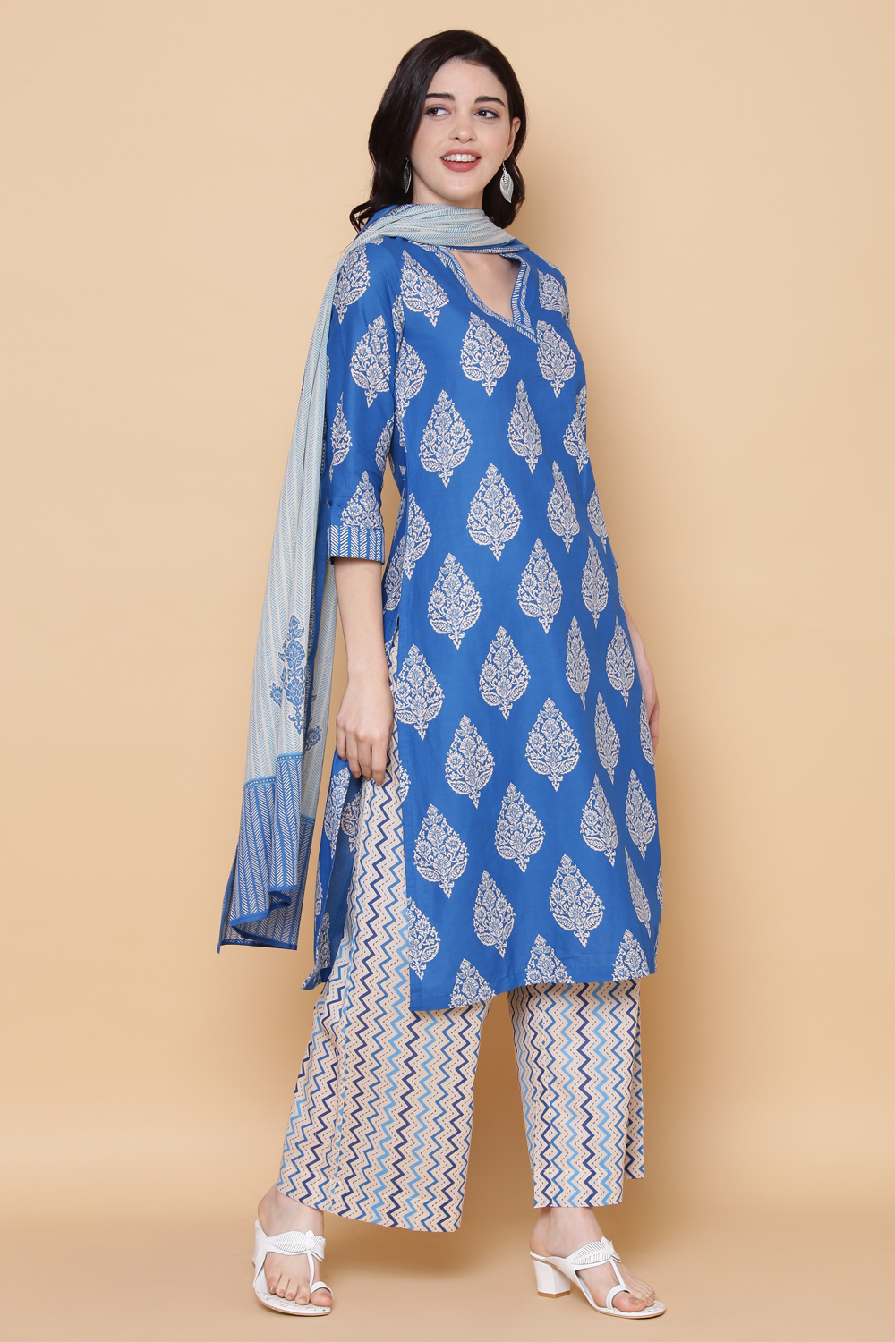 Royal Blue Cotton Straight Kurta Palazzo Suit Set image number 6