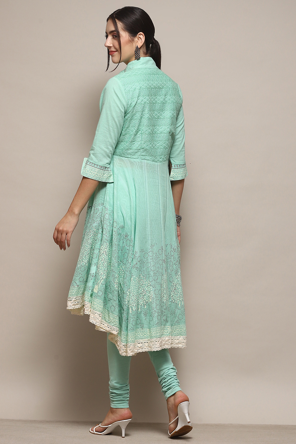 White Cotton Asymmetric Anarkali & Churidar Suit Set image number 5