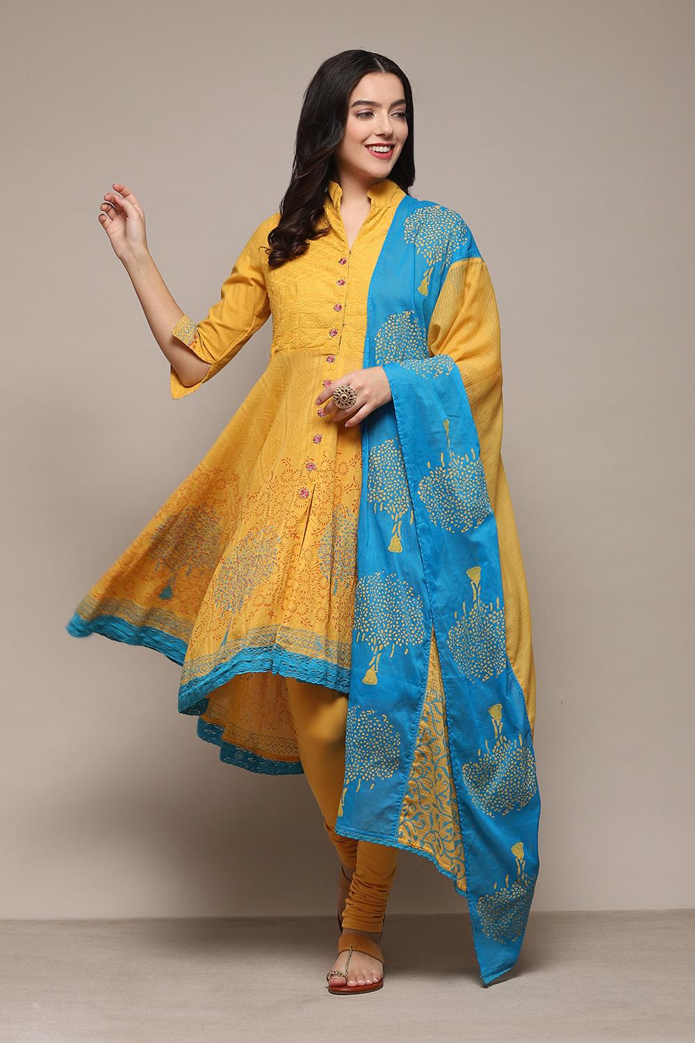 Yellow & Blue Cotton Anarkali Solid Kurta Churidar Suit Set image number 6