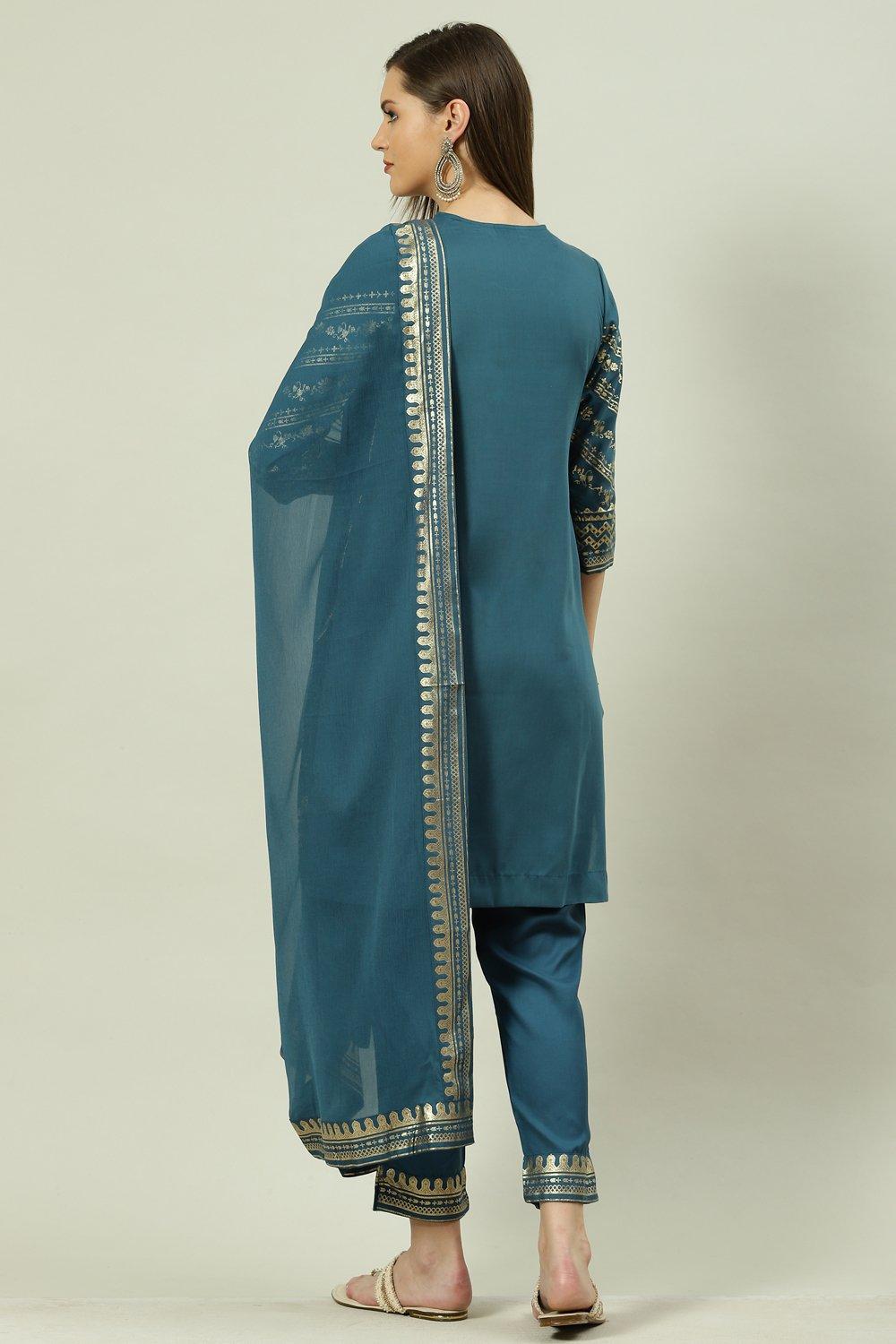 Teal Printed Straight Kurta Slim Pant Suit Set image number 4