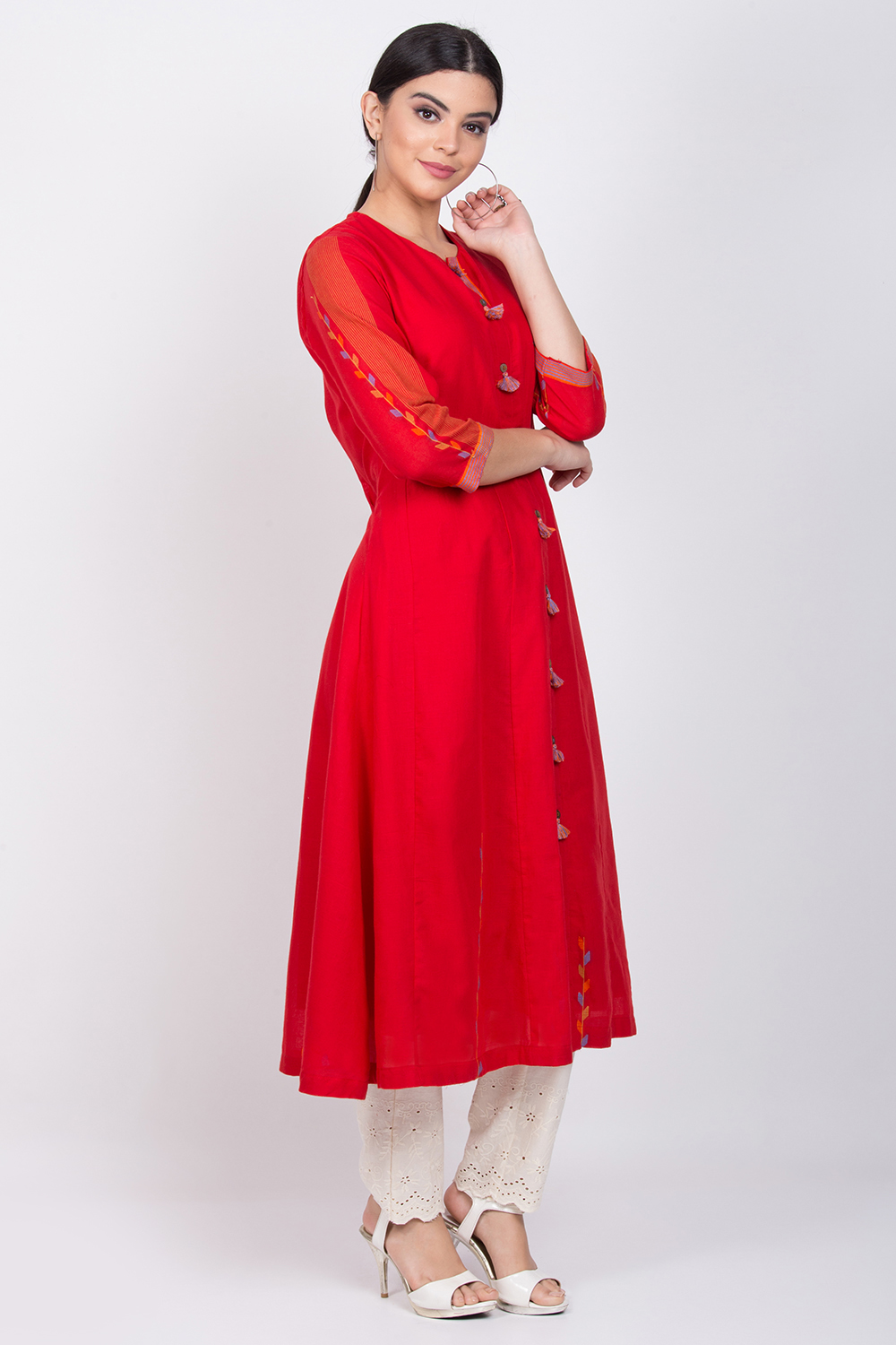 Red Cotton A-Line Yarndyed Kurta image number 3