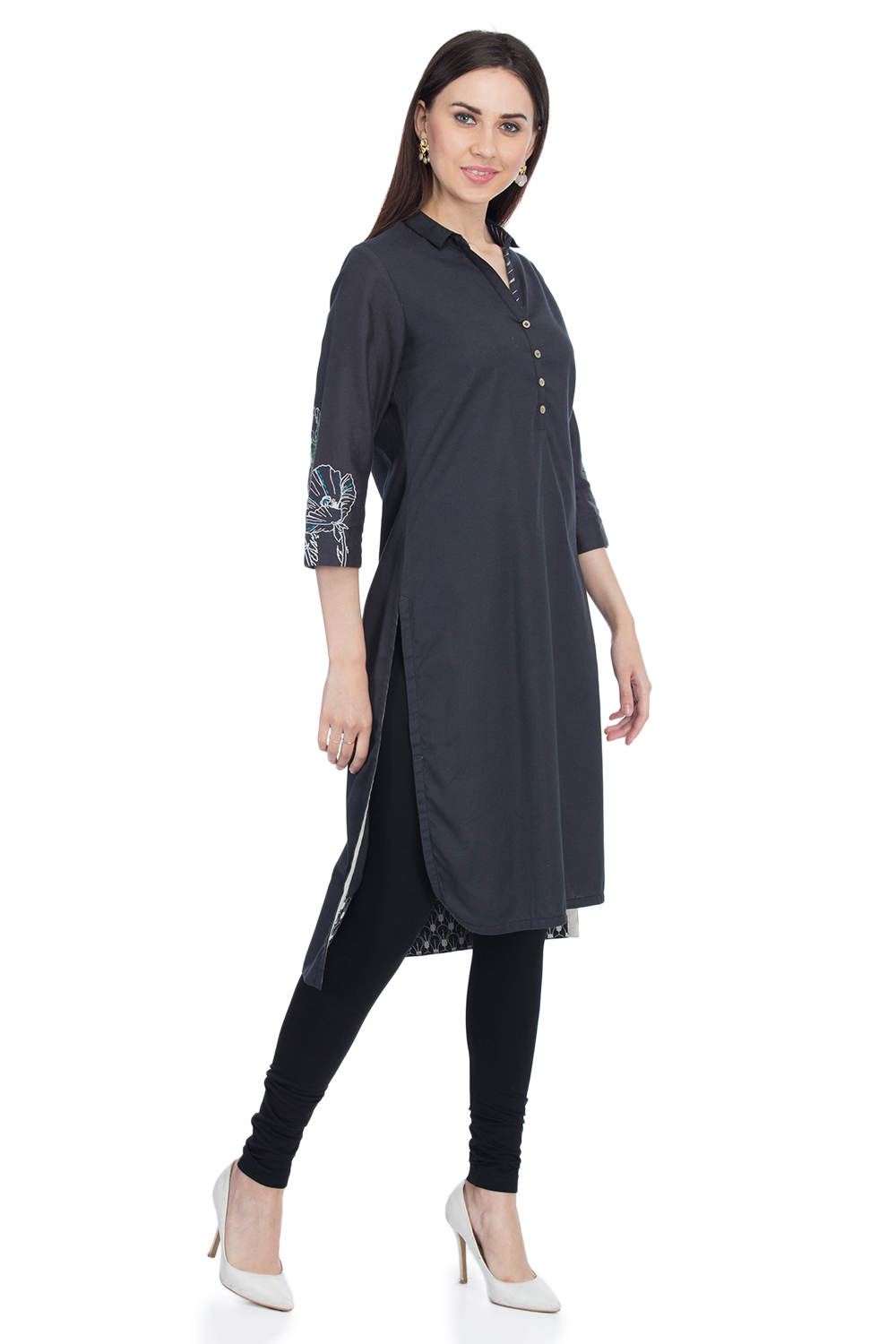 Charcoal Straight Solid Kurta image number 3