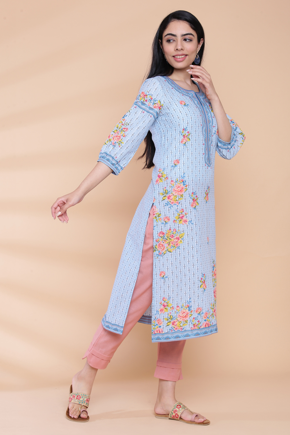 Blue Cotton Straight Kurta image number 3