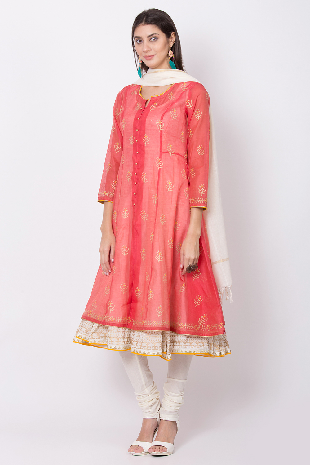 Coral Poly Cotton Front Open Kurta Churidar Suit Set image number 2